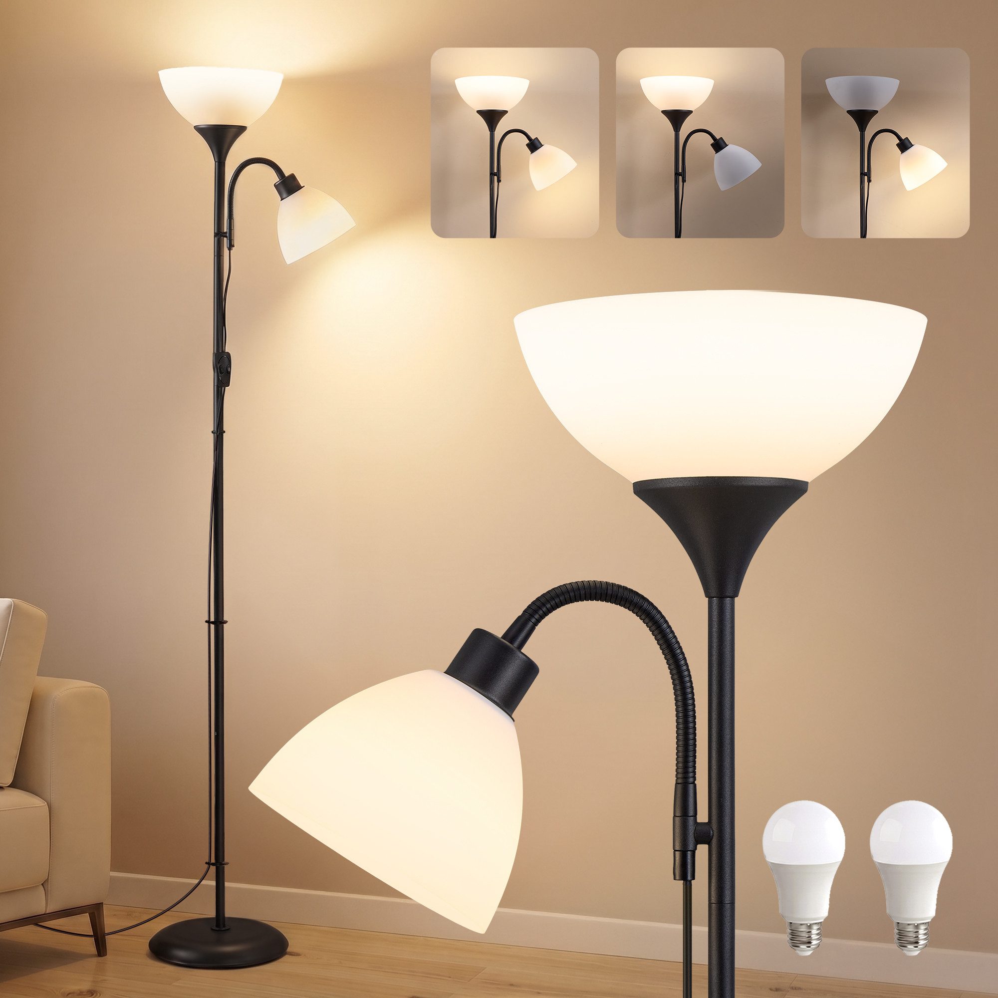 VASAGLE Stehlampe Deckenfluter mit Leselampe, 1,76 m Standleuchte mit verstellbarem Lesearm, Stehleuchte