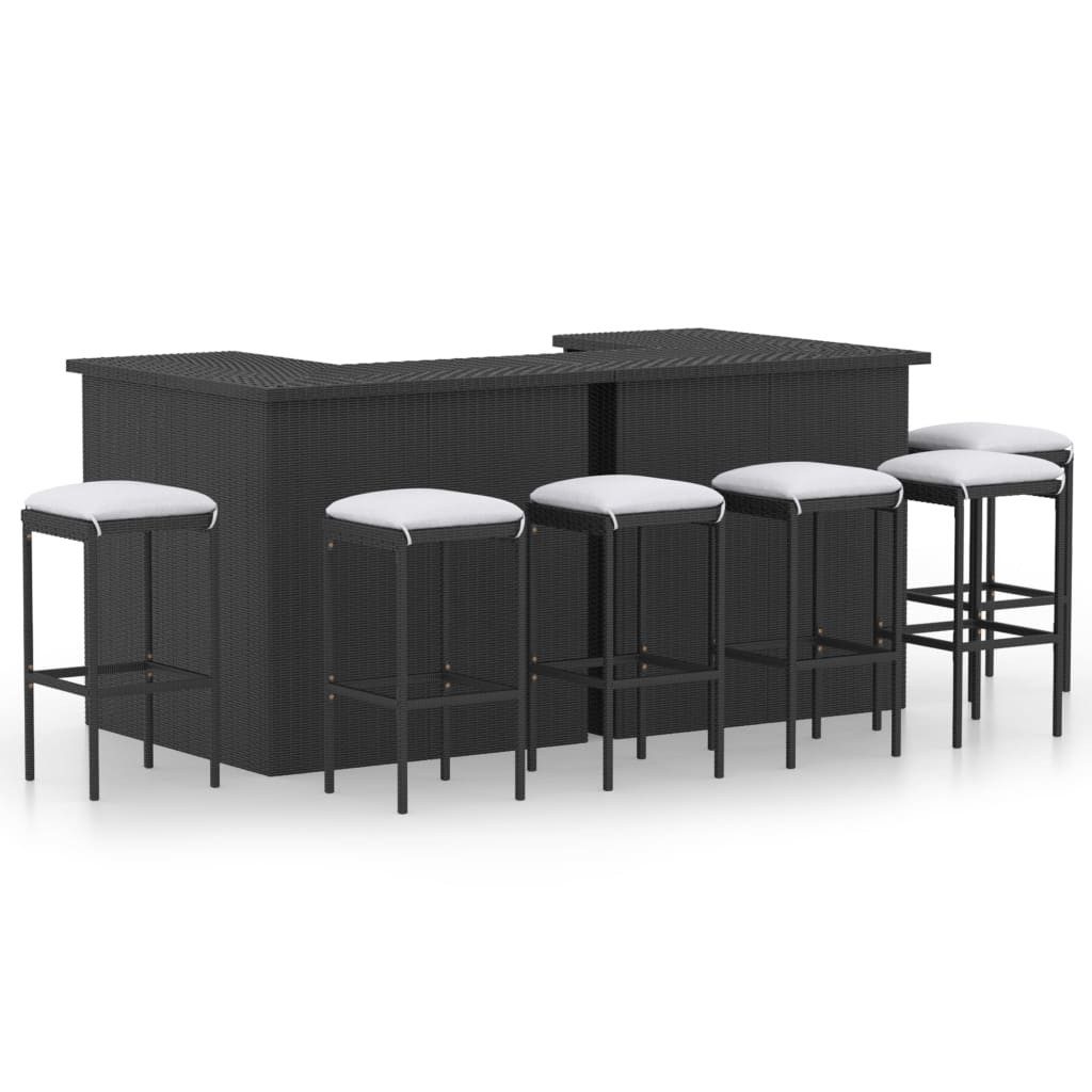 vidaXL Gartenlounge-Set 8-tlg. Gartenbar-Set mit Kissen Poly Rattan Schwarz, (7-tlg)