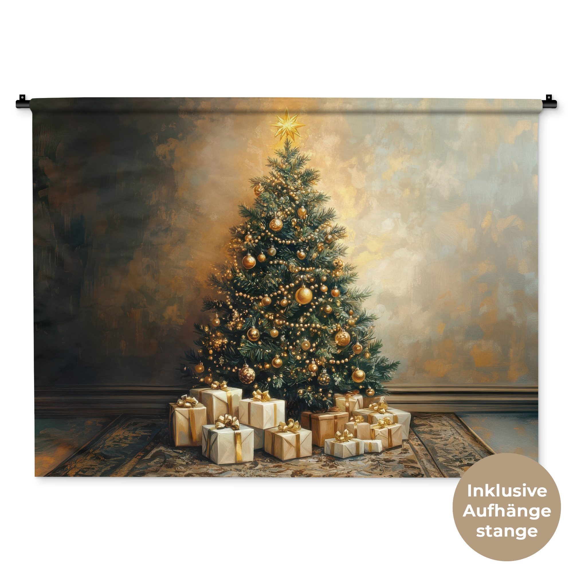 MuchoWow Wandteppich Weihnachtsbaum - Geschenke - Gold, Rechteckig, Höhe: 3 mm, Wanddeko Teppich Wohnzimmer, Schlafzimmer, 120x90 cm