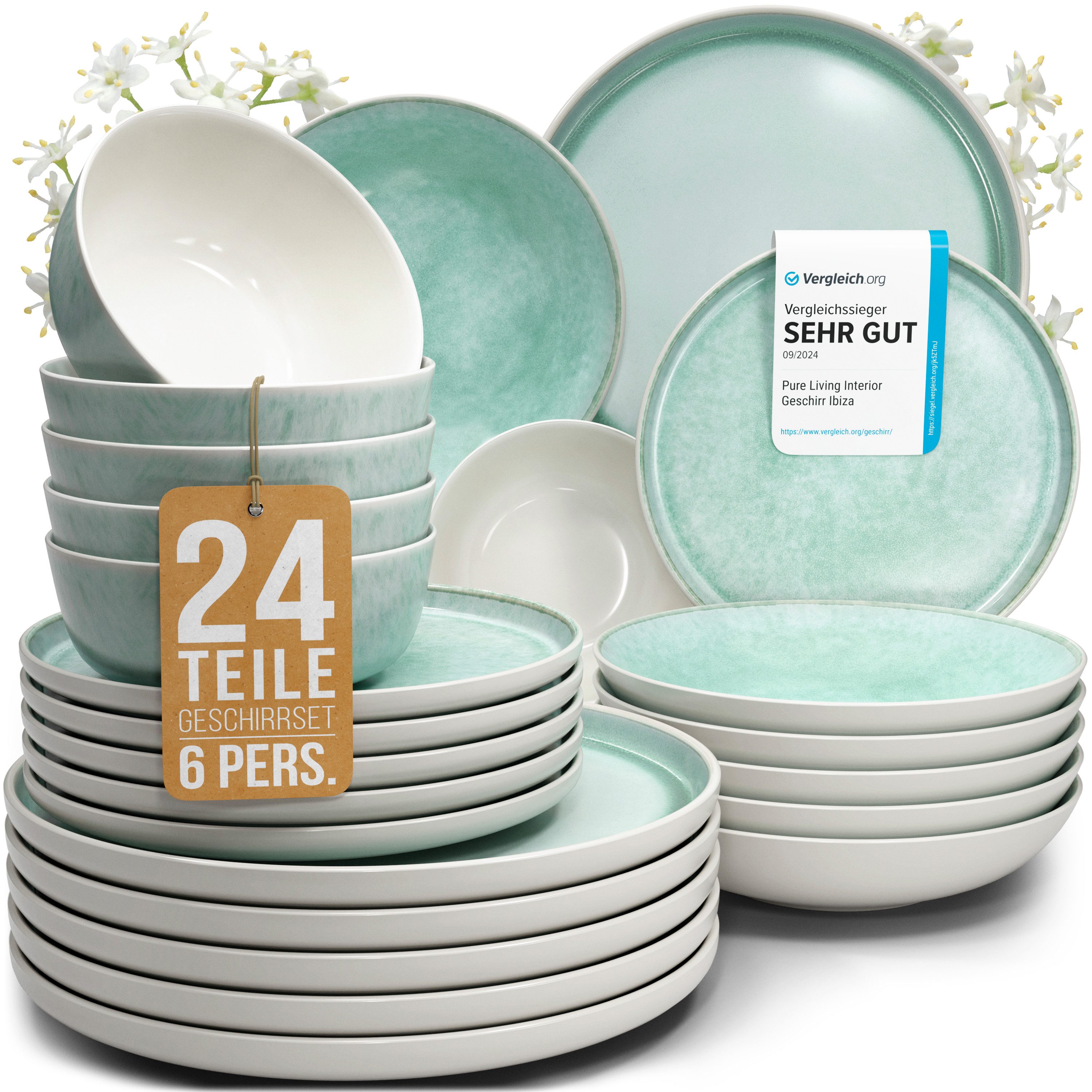 PURE LIVING INTERIOR DESIGN Geschirr-Set Ibiza aus Steingut, 24-tlg., für 6 Personen, Türkis (24-tlg), 6 Personen, Steingut