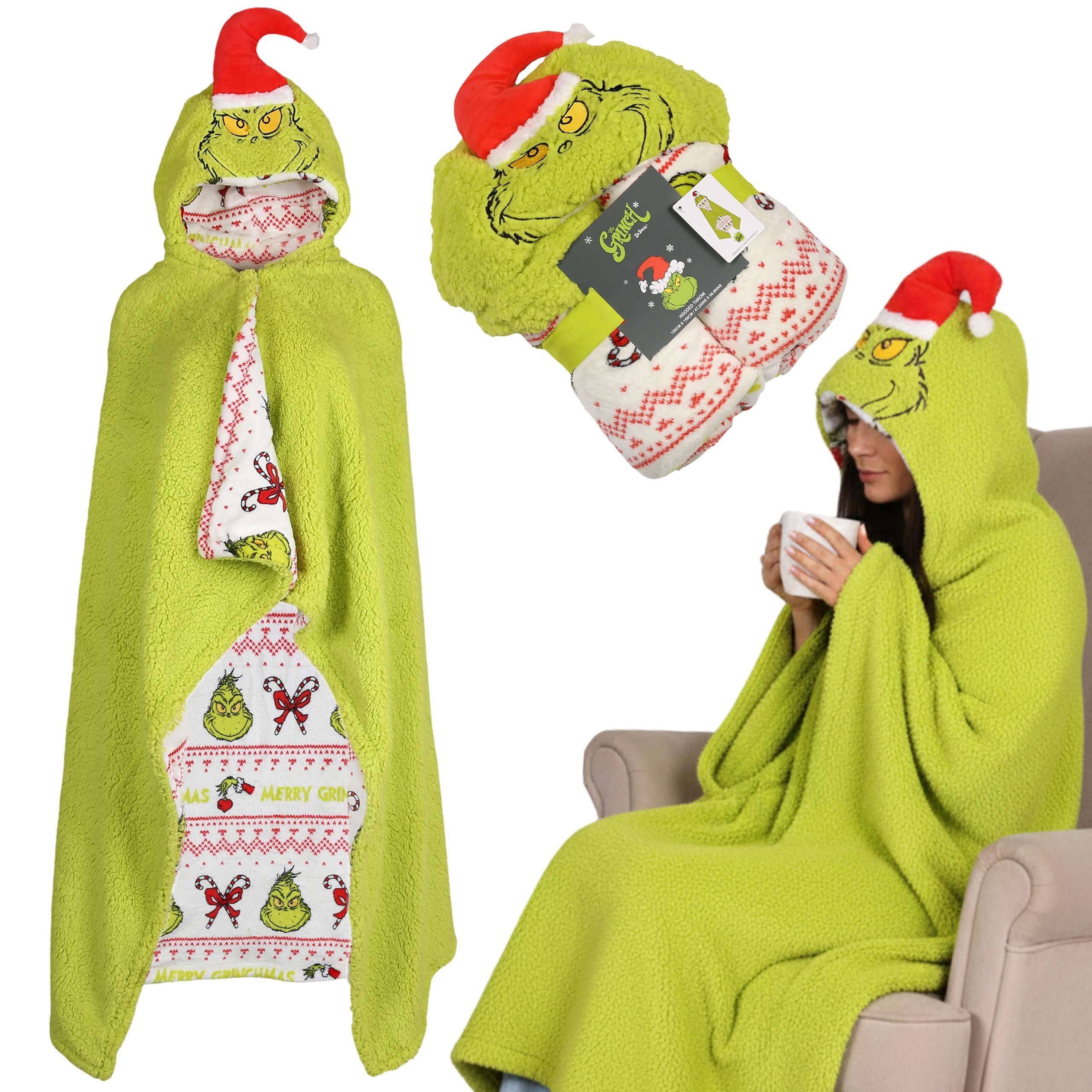 Sarcia.eu Weihnachtspullover Grinch warme Kapuzendecke, Sherpa Sweatshirt-Decke 120x150 cm