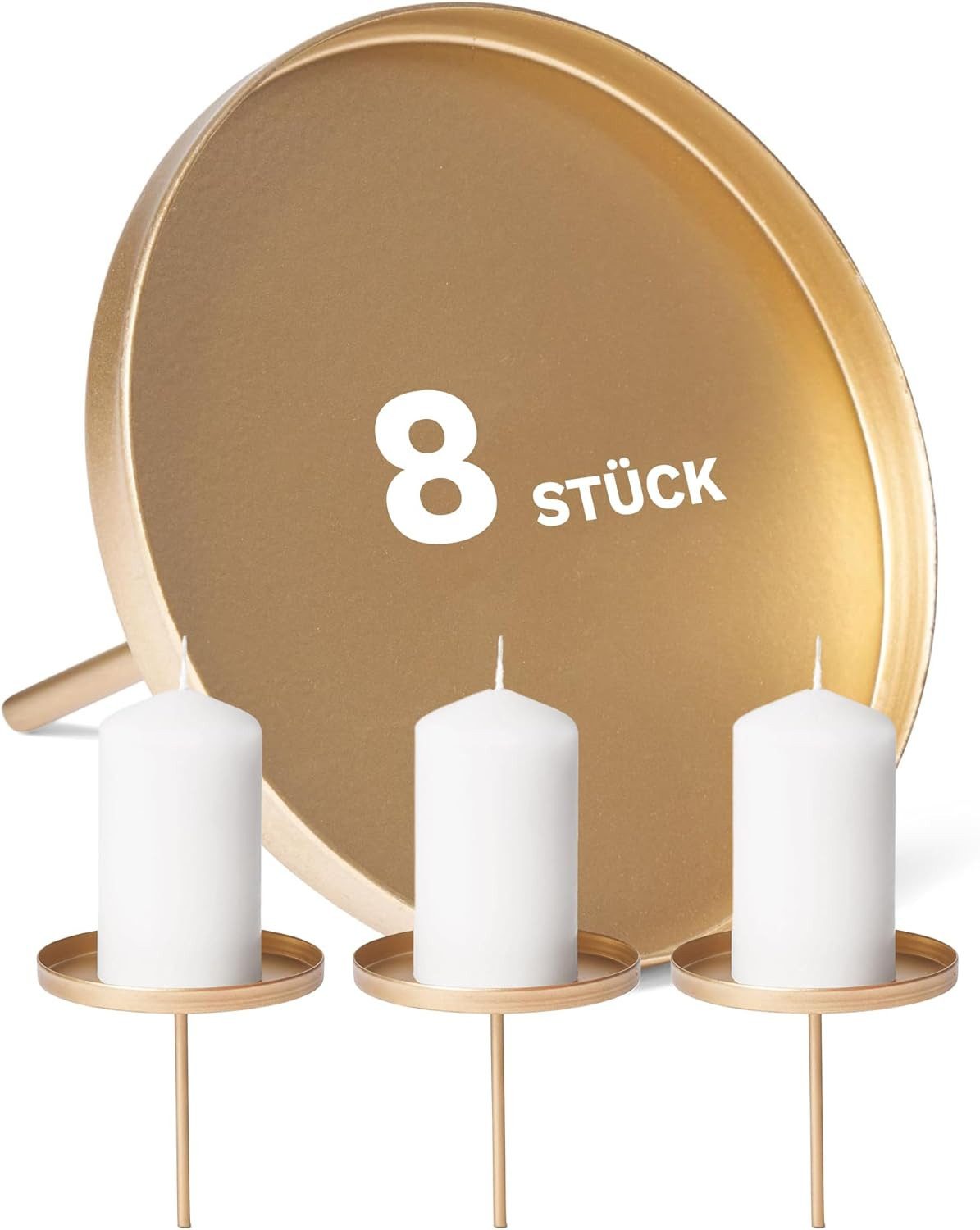 Novaliv Kerzenständer 20023-8x (8 St), 8X Kerzenpick Flach Gold 10cm Durchmesser I Kerzenteller mit Dorn Meta