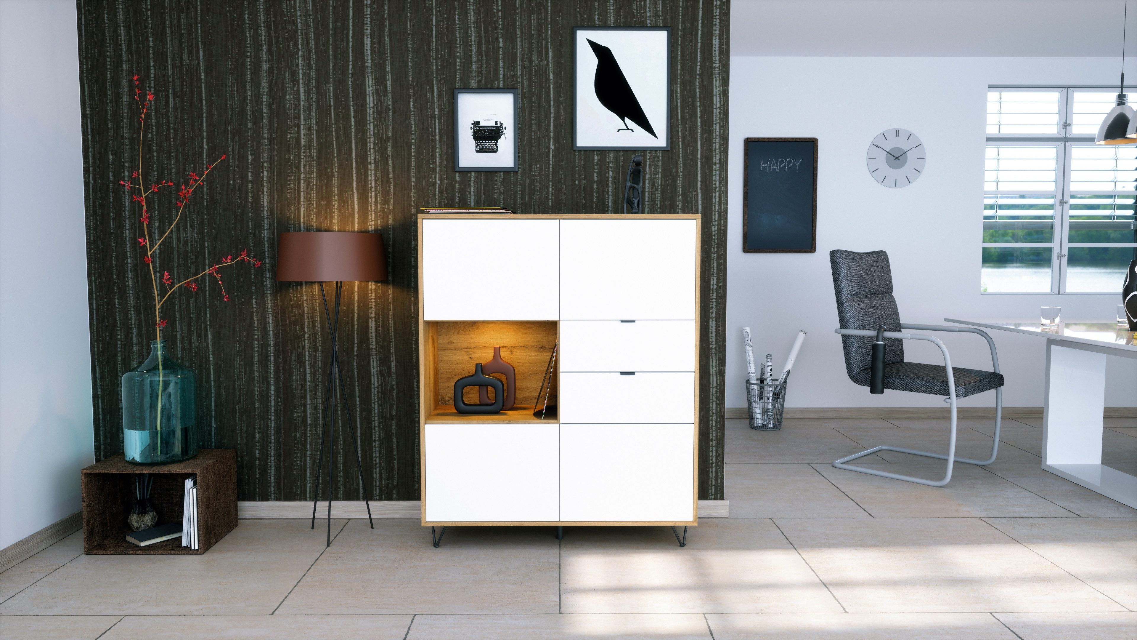 Vladon Highboard Marino (Highboard mit 4 Tür Weiß matt, 2 Schubladen Weiß matt, inkl. LED, Made in Germany), Korpus Eiche Evoke (103 x 125,5 x 37 cm)