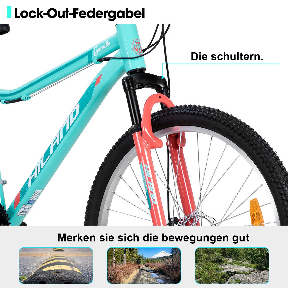 HILAND Mountainbike 26/27,5 Zoll Fahrrad für Erwachsene, MTB für Männer und Frauen, Mit Aluminium Rahmen, 18 Gang,Doppelscheibenbremse Federgabel