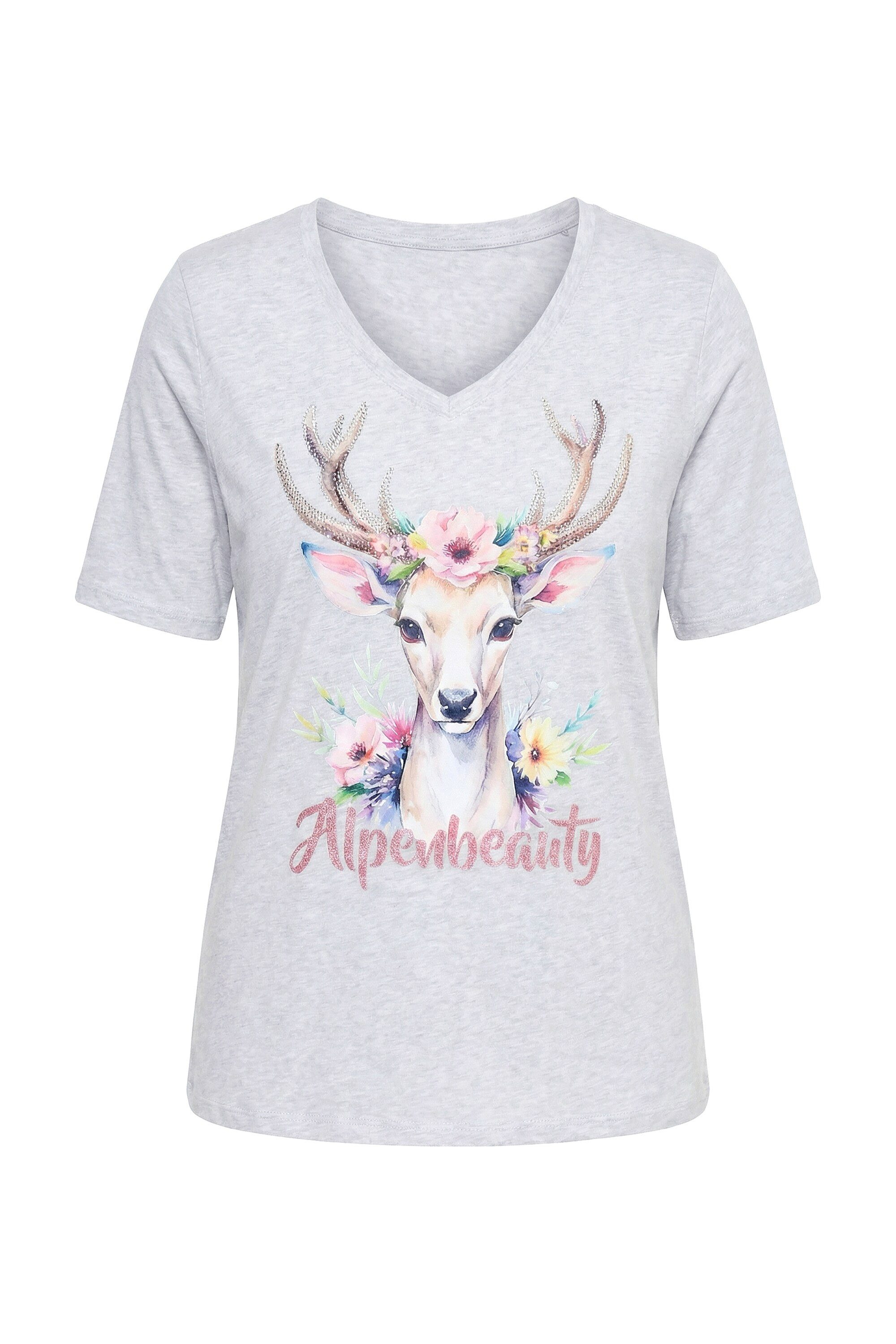 Ulla Popken T-Shirt T-Shirt Hirsch Classic V-Ausschnitt Halbarm