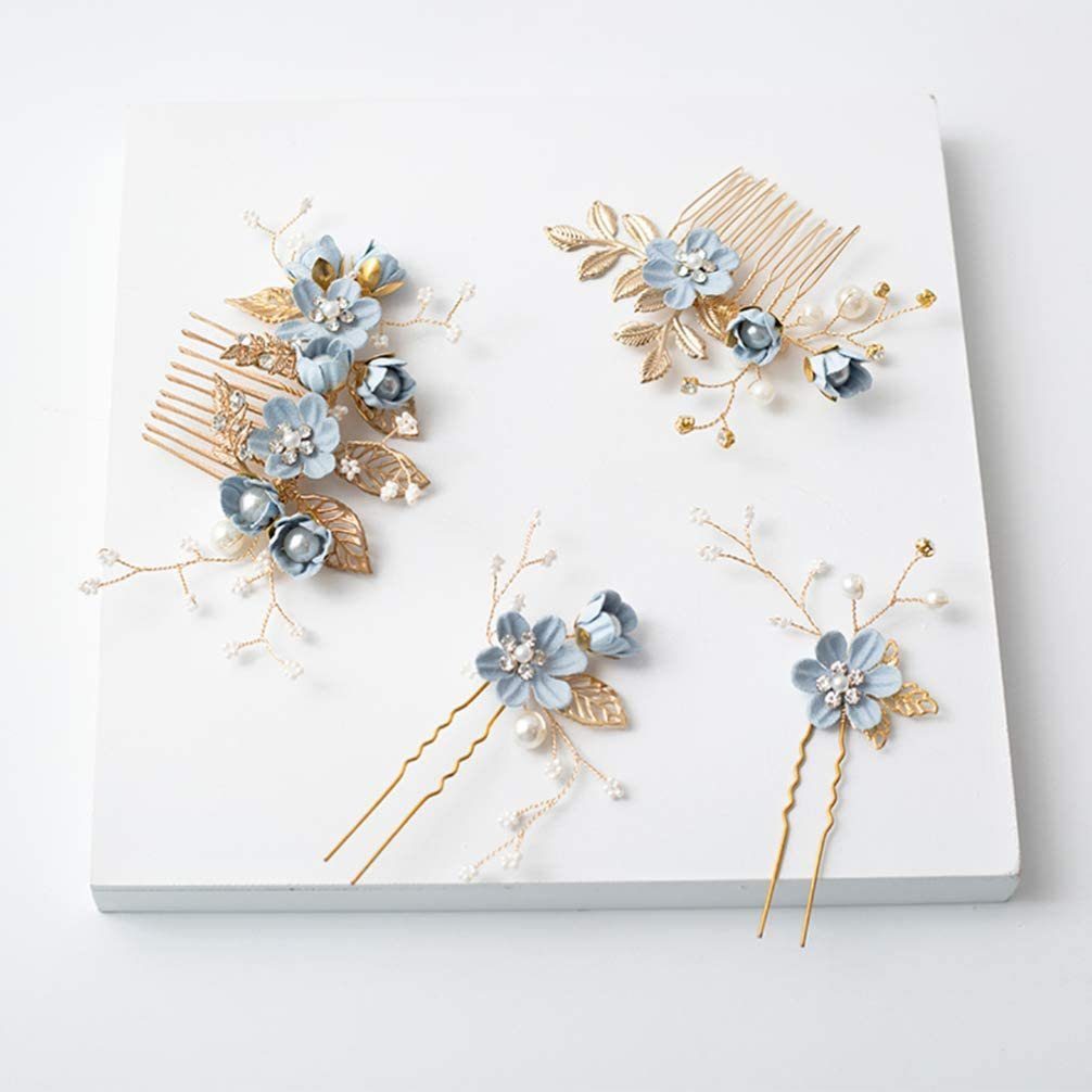 4 Diadem blau Hochzeits-Haarkämme, Stück WaKuKa Perlen-Blumen-Braut-Haarschmuck
