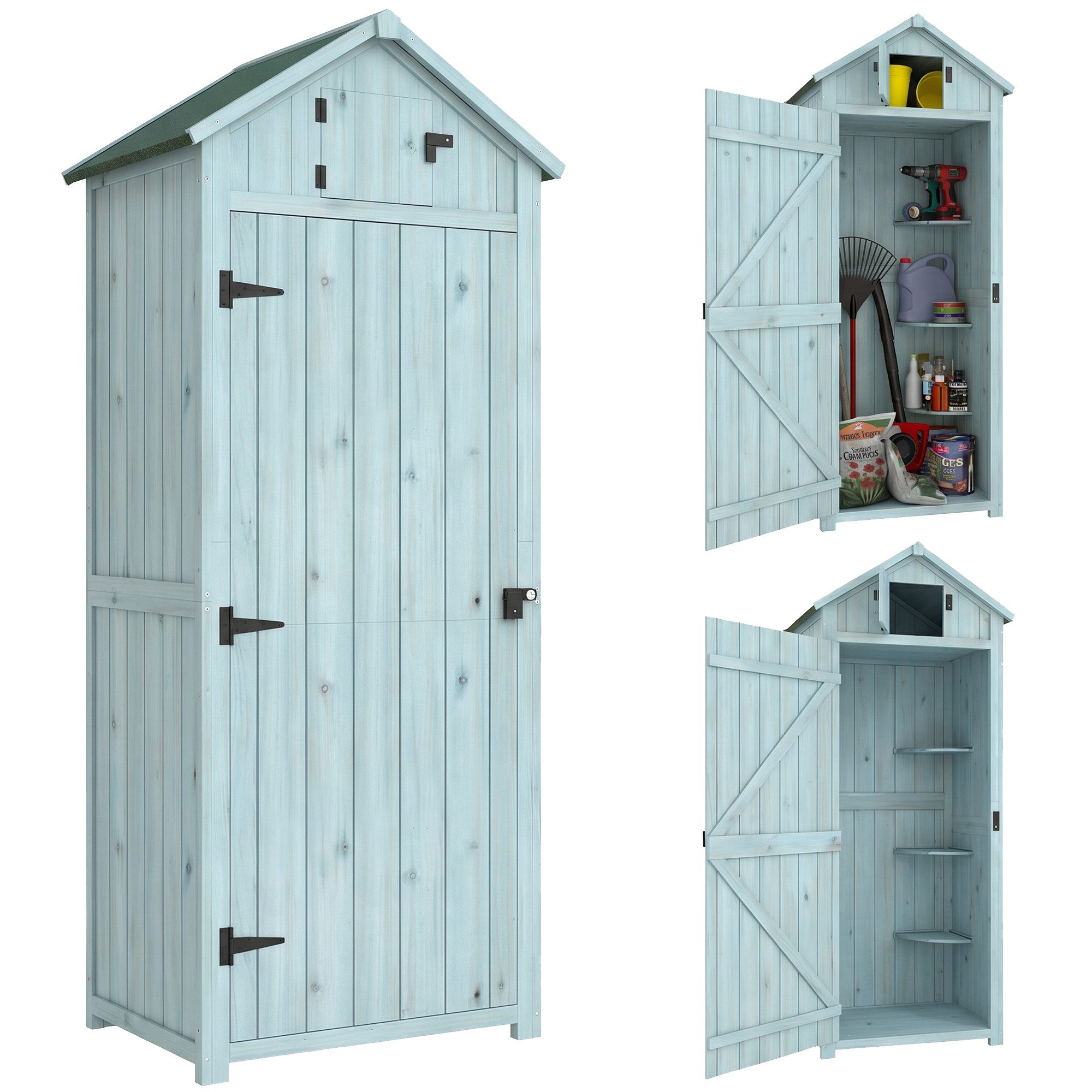 Outsunny Gerätehaus Geräteschrank, Schuppen mit Fachböden, Asphaltdach, Fenster, BxT: 77x54.2 cm, (Geräteschuppen, 1 St., Gartenschrank), für Garten, Hellblau+Grün