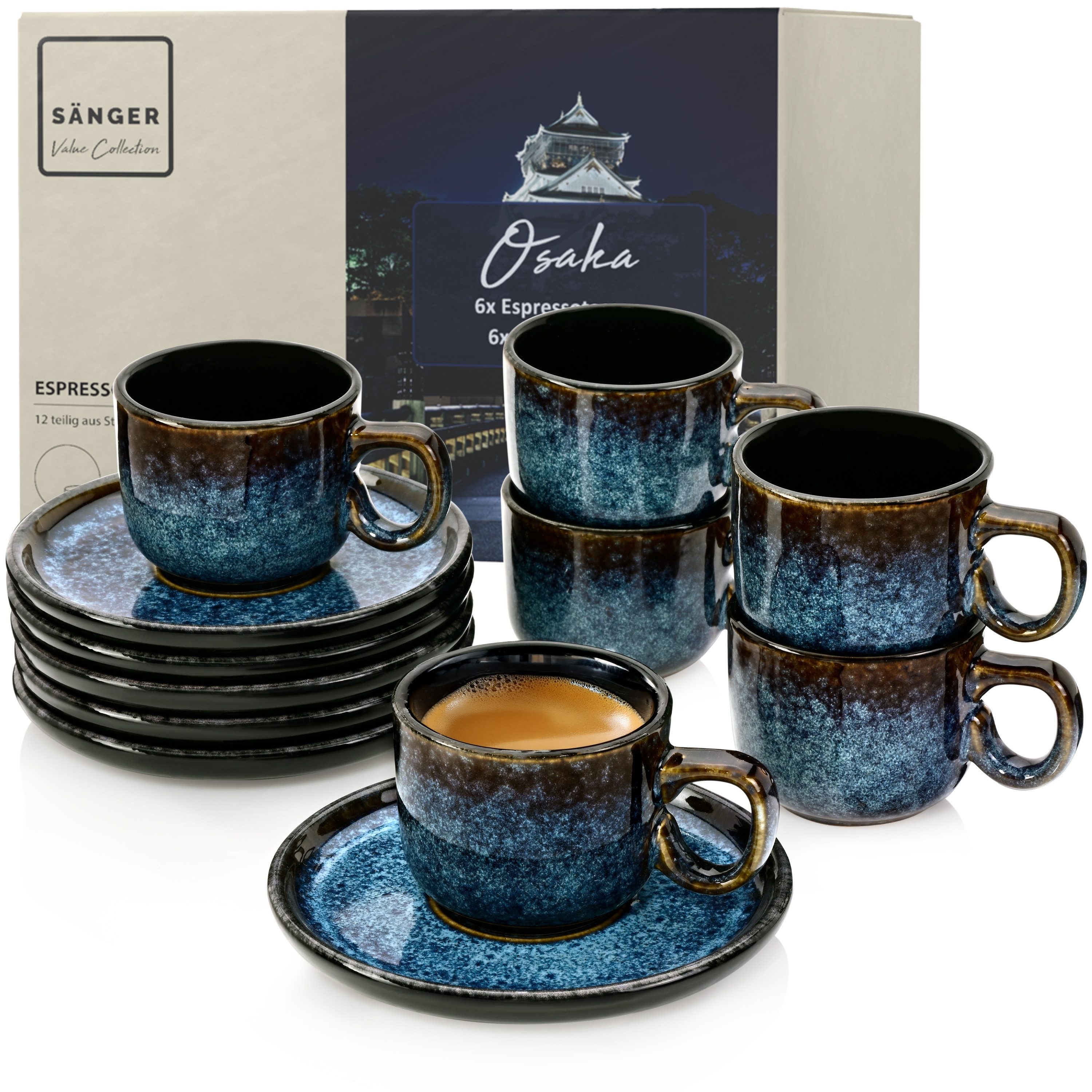 SÄNGER Espressotasse Osaka 12 tlg., 12-tlg., Steingut, Schwarz-Blau, Handmade, Erweiterbar, VALUE COLLECTION