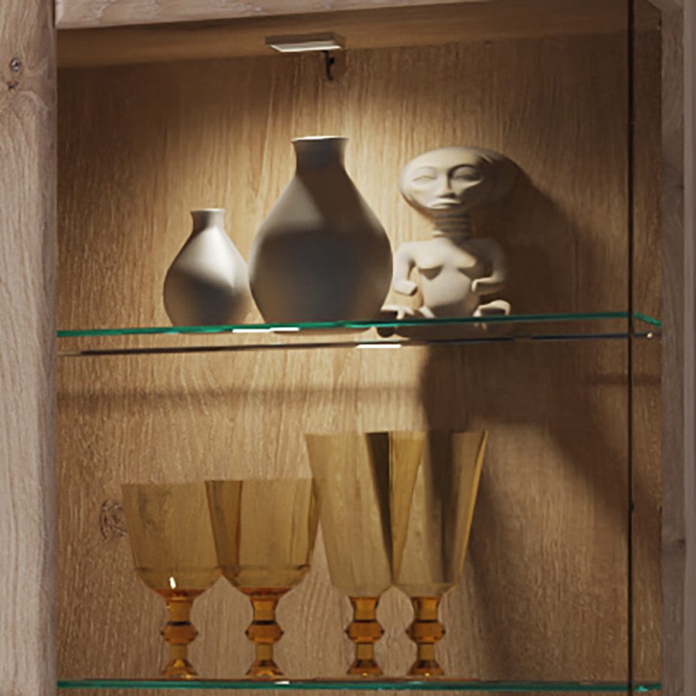 Lomadox Wohnwand GRAHAM-129, (4-St., Vitrine Lowboard Wandboard Highboard), Eiche Dekor mit Grau Türen mit Softclose inkl. Beleuchtung