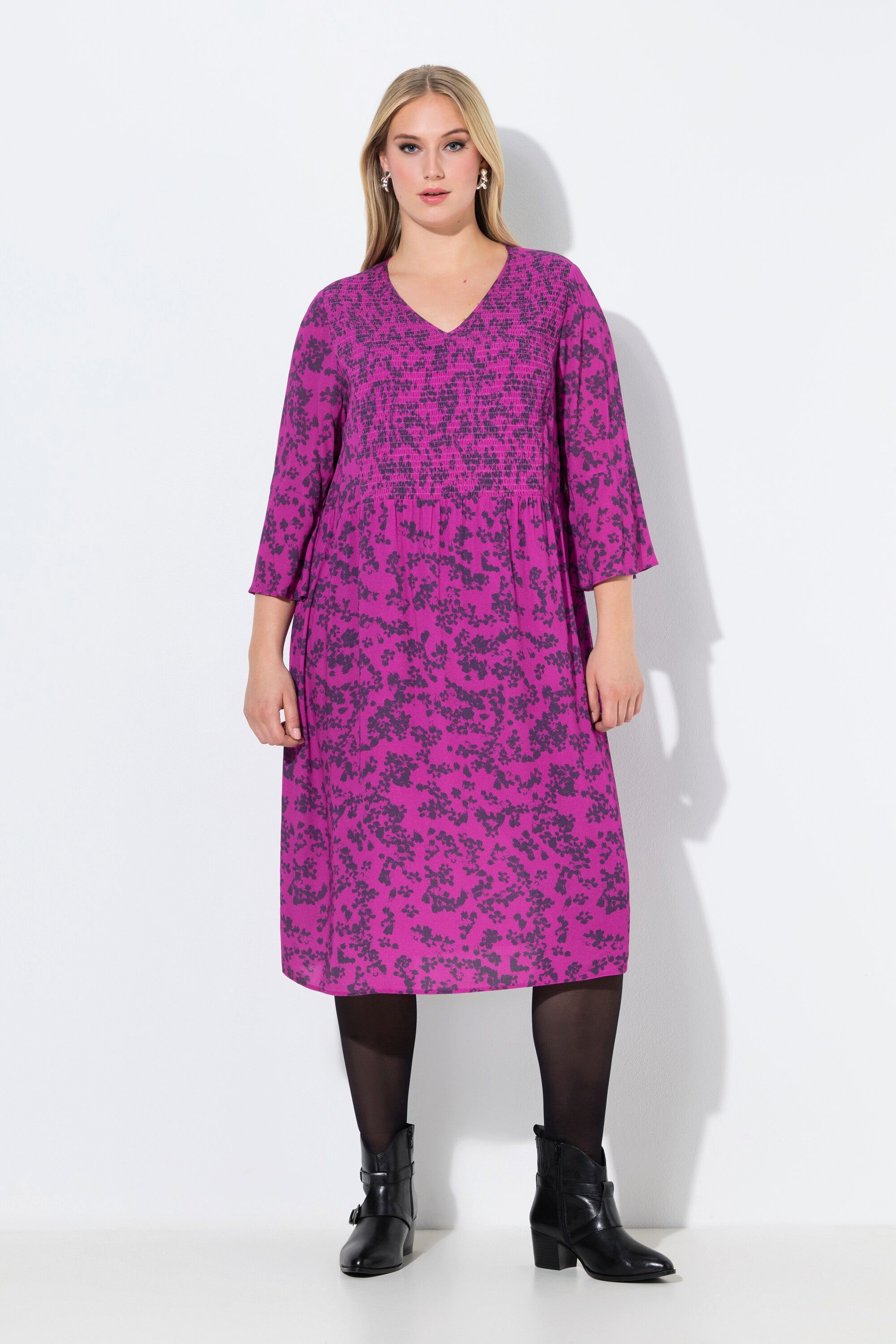 Ulla Popken Jerseykleid Midikleid Blüten A-Linie V-Ausschnitt 3/4-Arm günstig online kaufen