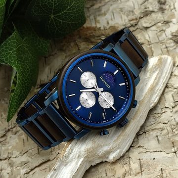 Holzwerk Chronograph BARUTH Herren Edelstahl & Holz Armband Uhr, Mondphase, schwarz, blau