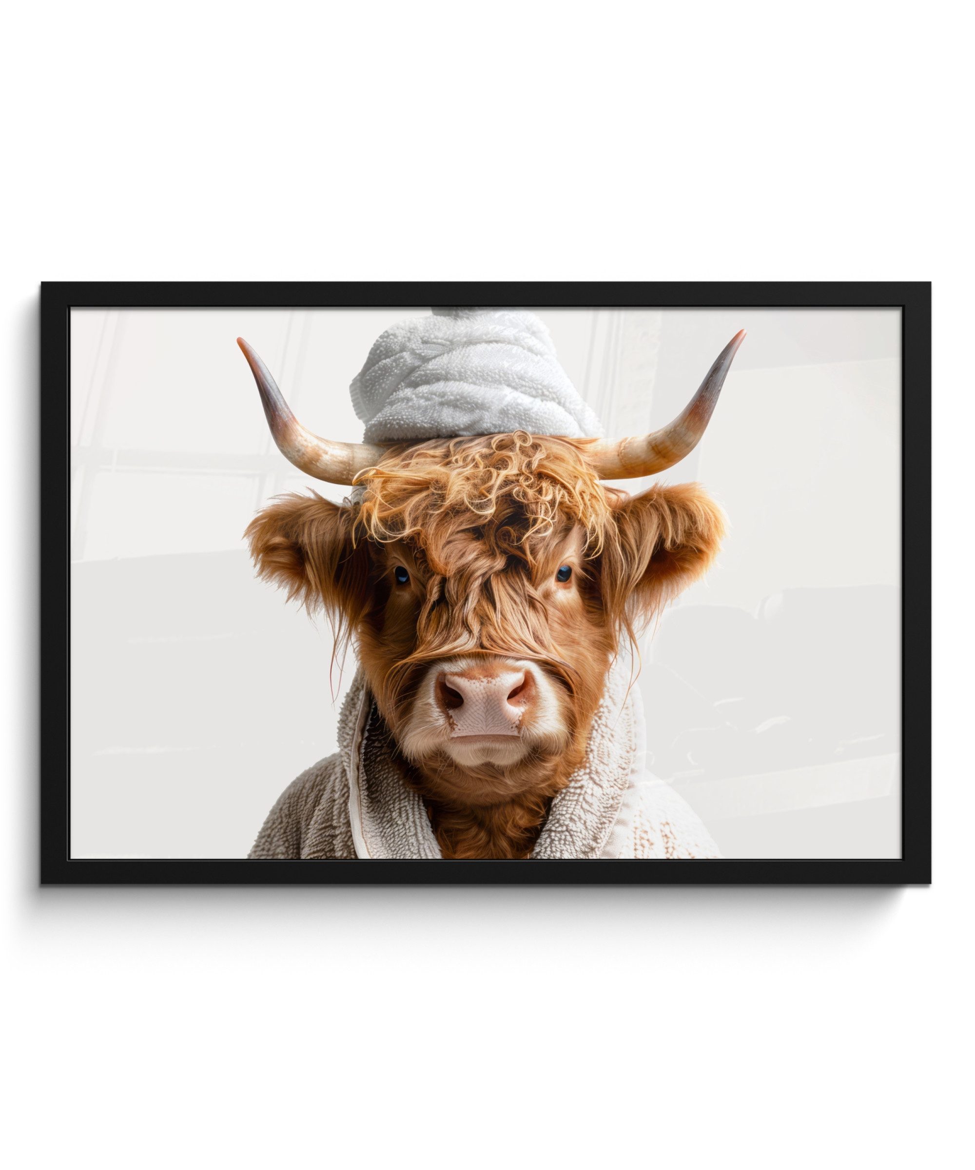 MuchoWow Poster Schottischer Highlander - Bademantel - Kuh - Tiere, (1 St), Bilderrahmen, Poster Wand Dekoration, Wanddeko, 60x40 cm