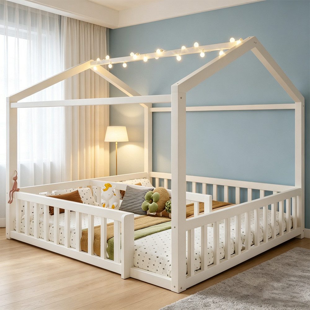 REDOM Kinderbett Holzbett Funktionsbett (mit LED & Sicherheitsgitter aus Kiefernholz, 90x190cm*2/180x190cm), ohne Matratze