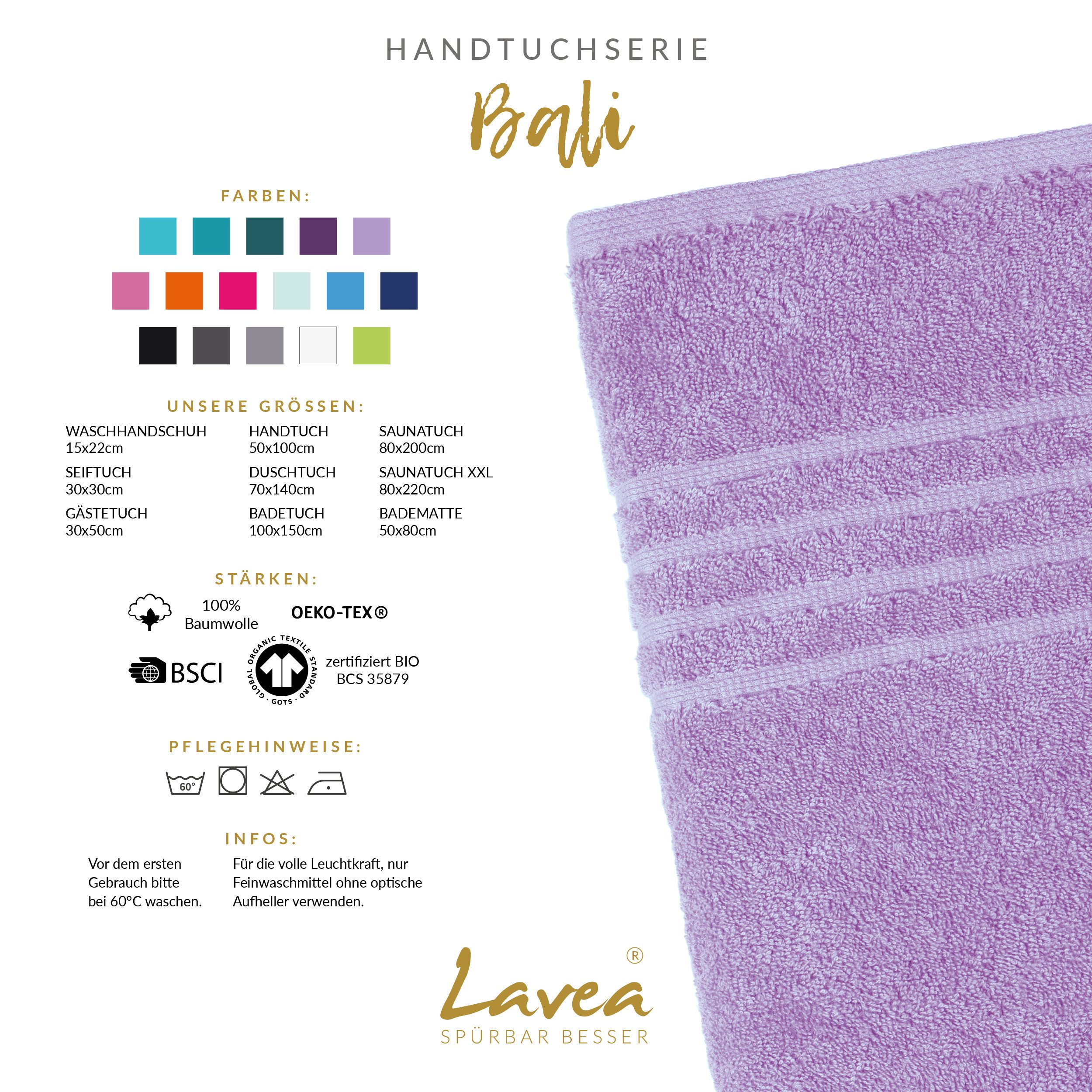 Lavea Badetuch Bali Duschtuch 100x150 cm Duschtuch 70x140 cm, Weiches Bio-Baumwollfrottee (1-St), Handtuch, GOTS-zertifiziert, extra saugstark mit 500g/m²