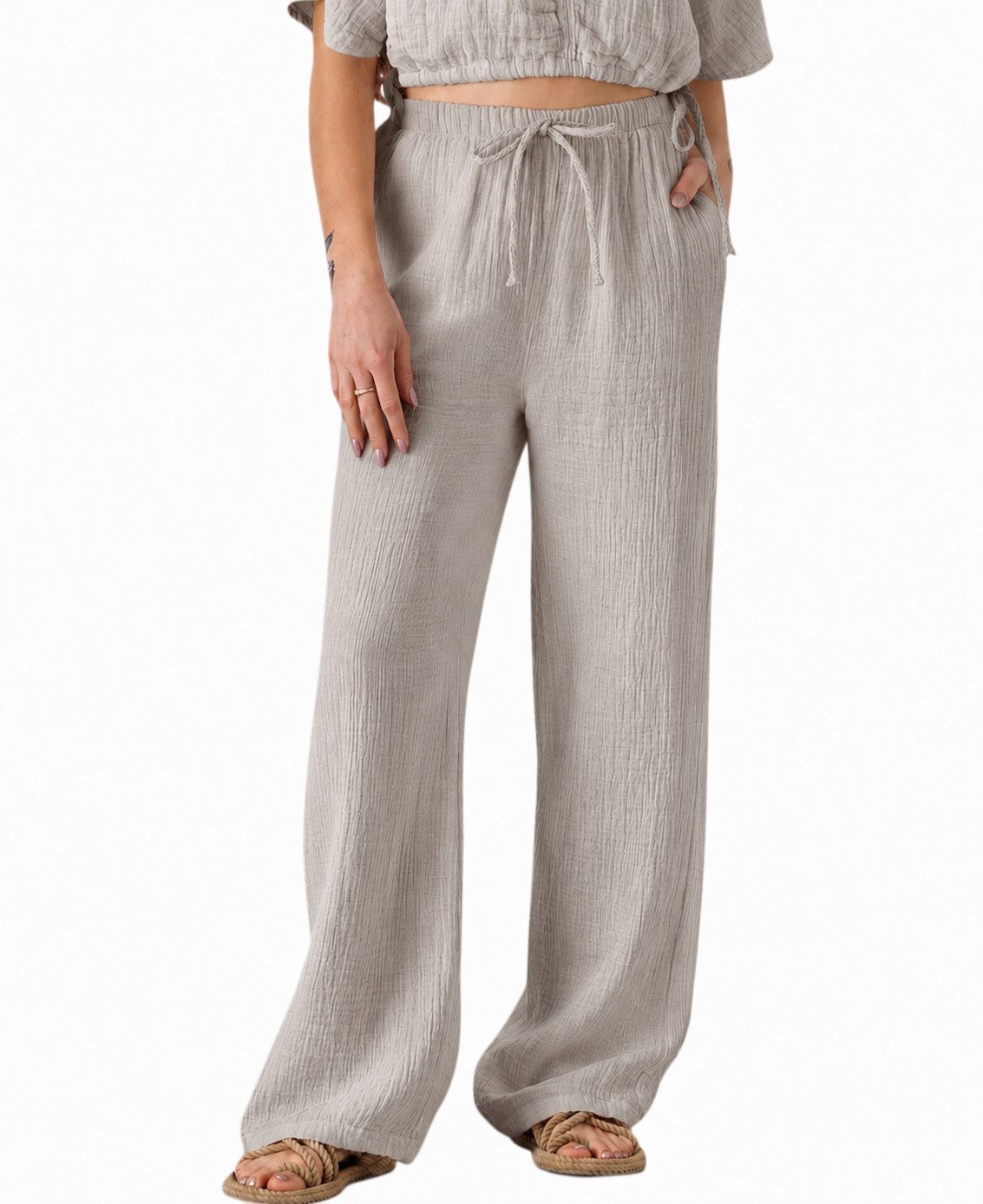 WENOR Palazzohose Damen Musselin-Hose - Sommerhose 100 % Baumwolle, elastischer Bund Weiter Beinverlauf, Musselinstruktur, luftiger Schnitt