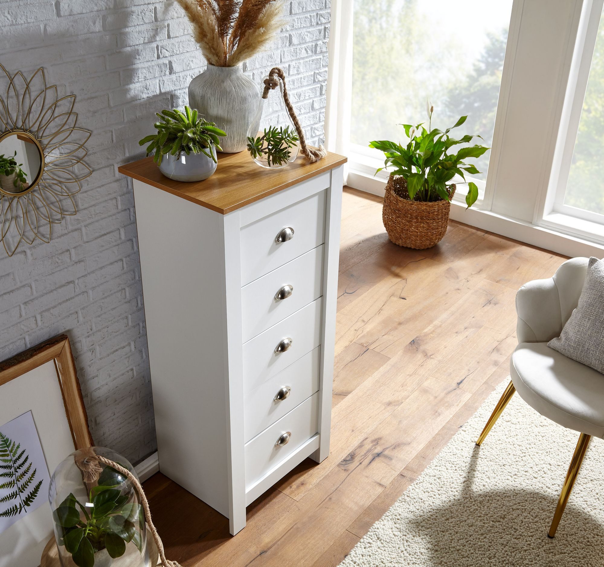 FineBuy Sideboard mit 5 Schubladen 53x114x39 cm Kommode Weiß / Eiche Modern, Design Anrichte Hoch Schmal, Schubladenkommode Wohnzimmer – Bild 4 von 5