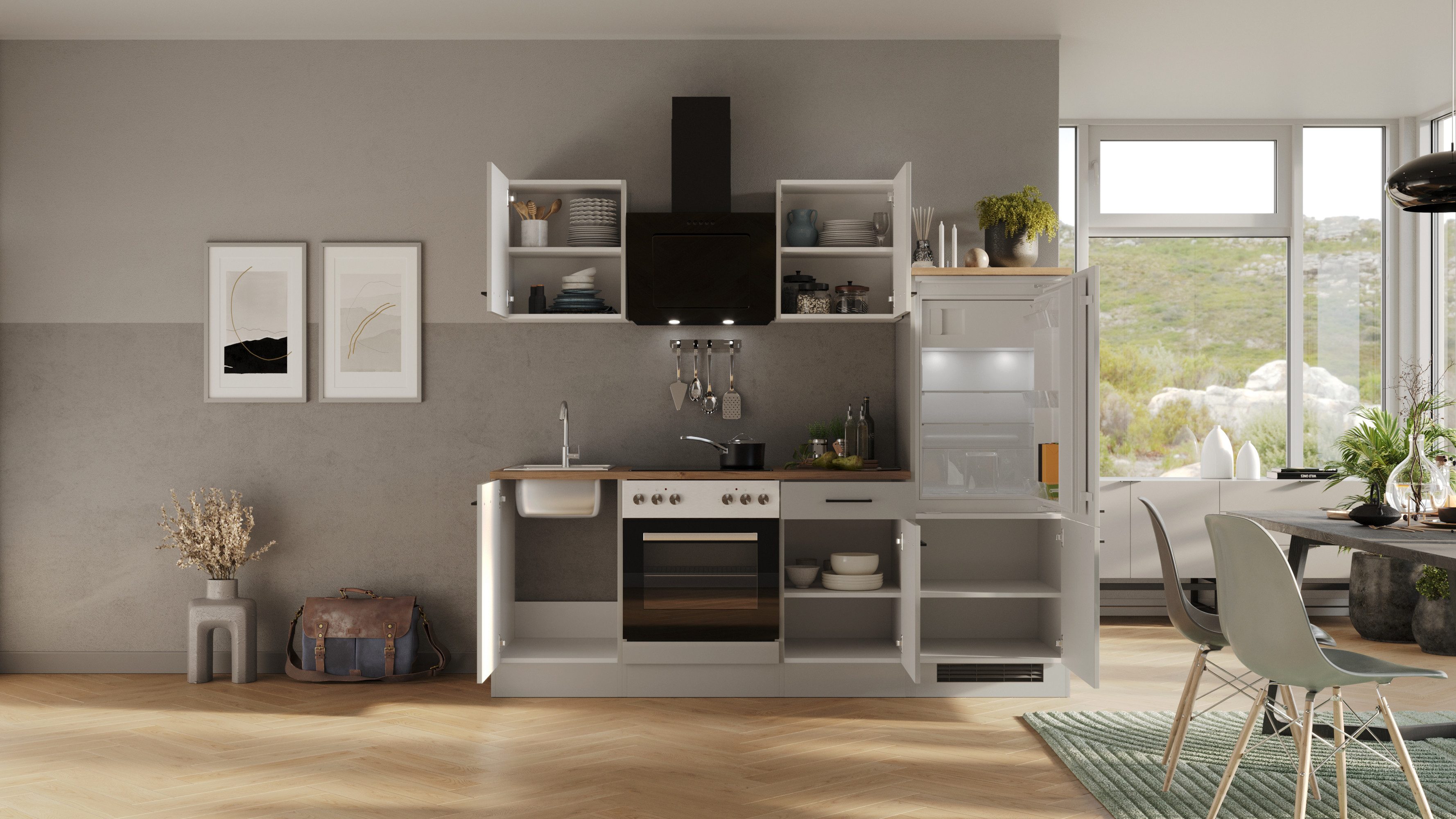 Flex-Well Küchenzeile Lund, wahlweise mit E-Geräten, Breite 220 cm, glänzende Fronten