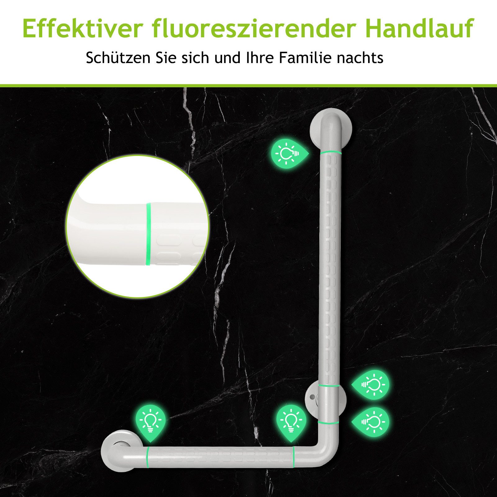 Clanmacy Haltegriff Badewannengriff Edelstahl Rutschfester L-FöRmiger Fluoreszierender, belastbar bis 200 kg, Wandmontage Schlafzimmer Treppengeländer 60*40cm Weiß