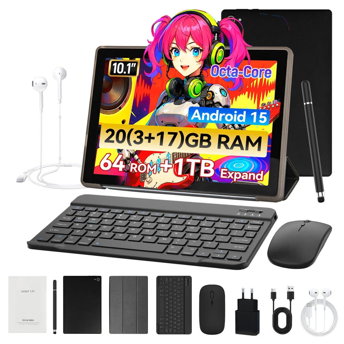 Happybe 10 Zoll, 20(3+17)GB RAM+64GB Android 15 mit Tastatur Stift Hülle Set Tablet (10,1", 64 GB, Android, WiFi, Octa-Core, WiFi 6, HD 1280x800, 5000mAh Akku)
