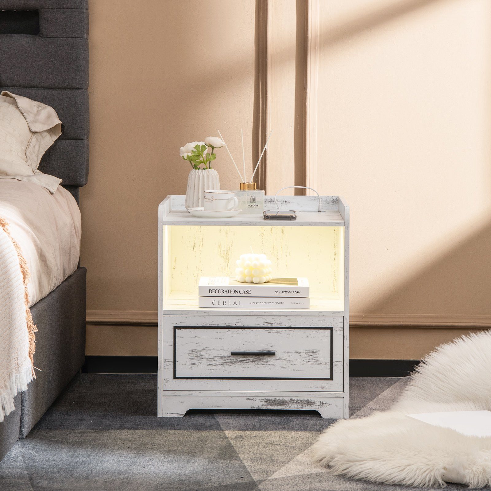 COSTWAY Nachttisch (1-St), LED, 3 Farben, mit Schublade & USB-Anschluss, Holz, weiß