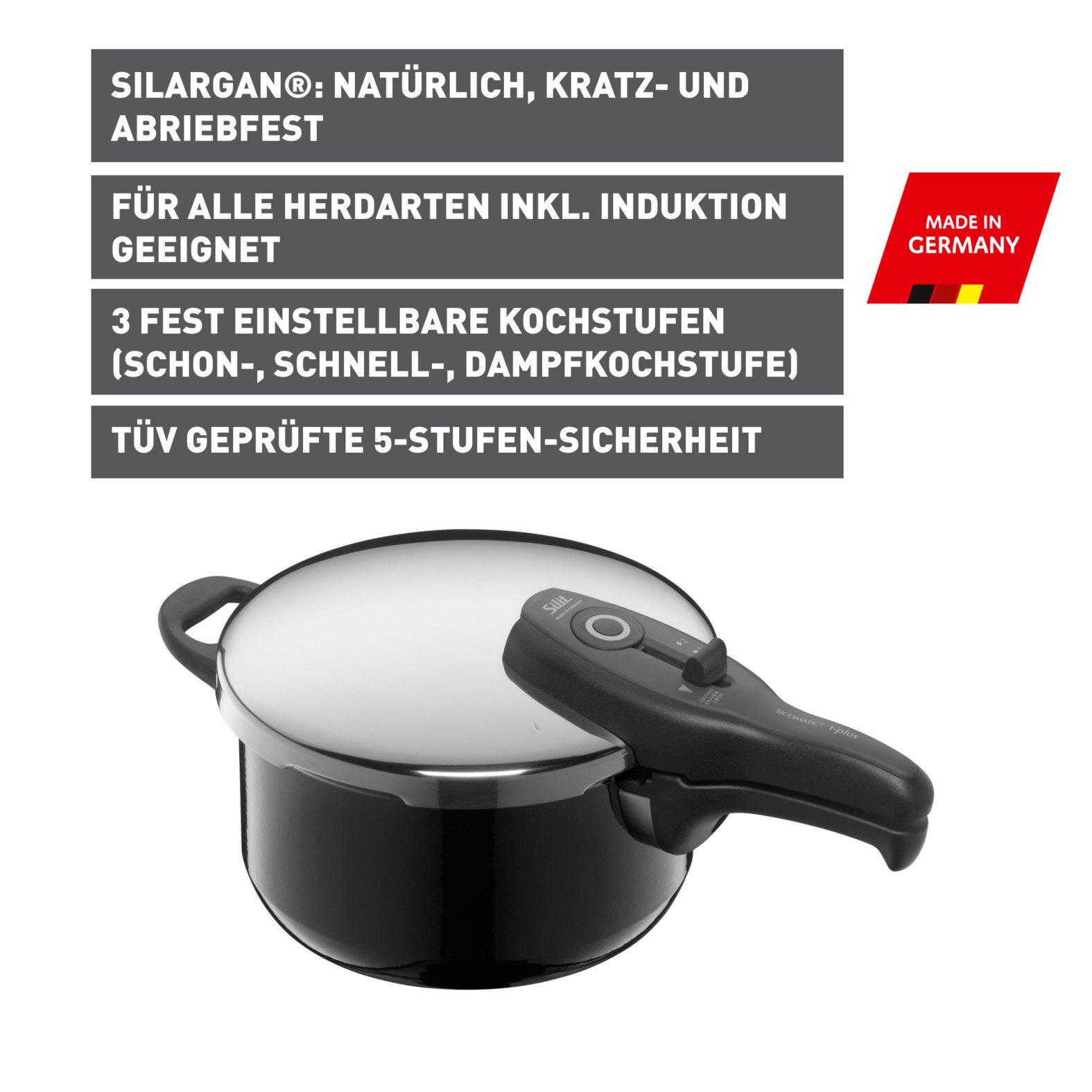 Silit Schnellkochtopf SICOMATIC T-PLUS, Dampfkochtopf Induktion, Silargan®, 3 Kochstufen, für alle Herdarten geeignet, Made in Germany