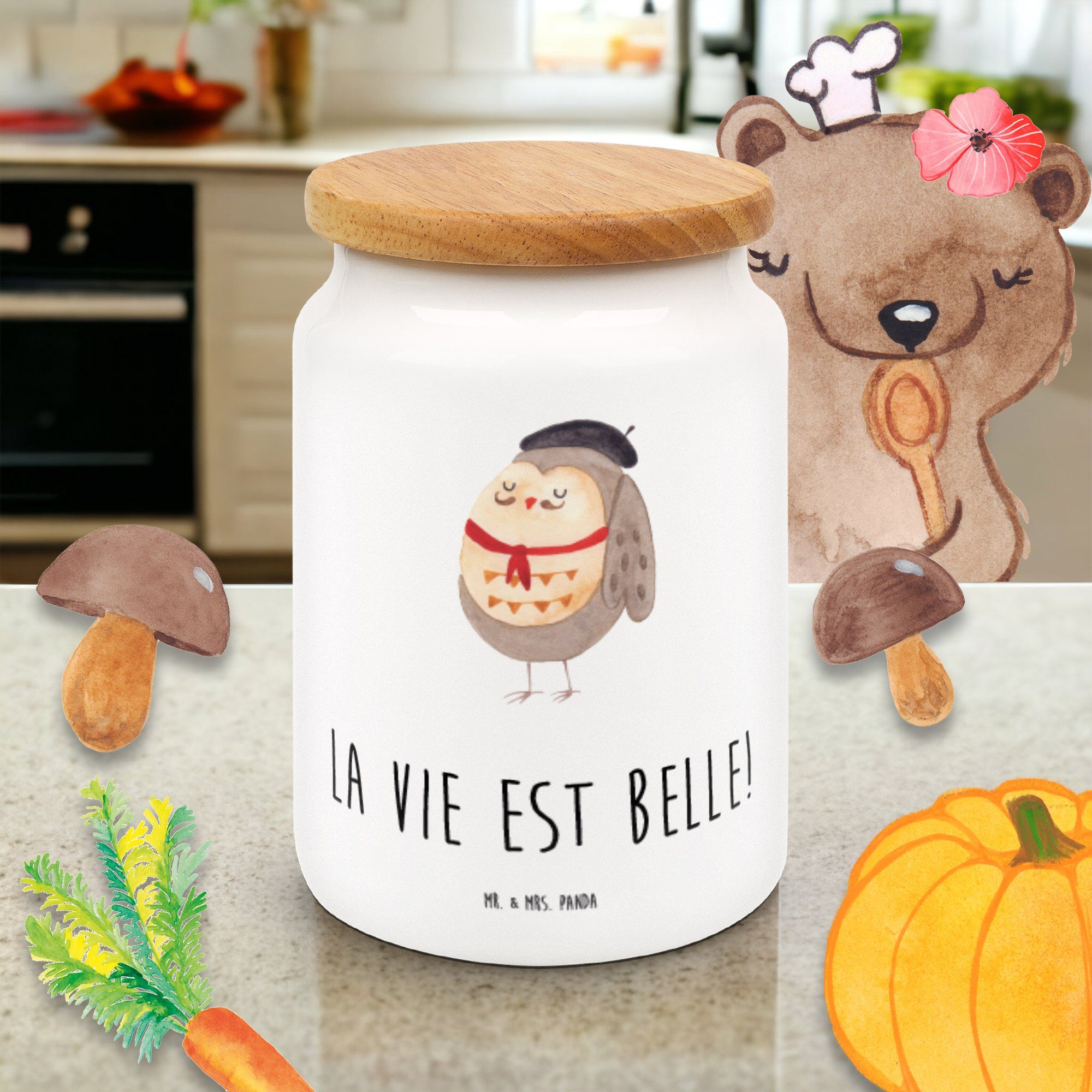 (1-tlg) Mr. béret, Geschenk, Französisch, Vorratsdose Panda - Vorrat, Mrs. Eule - Spruch Französisch Keramik, & Weiß