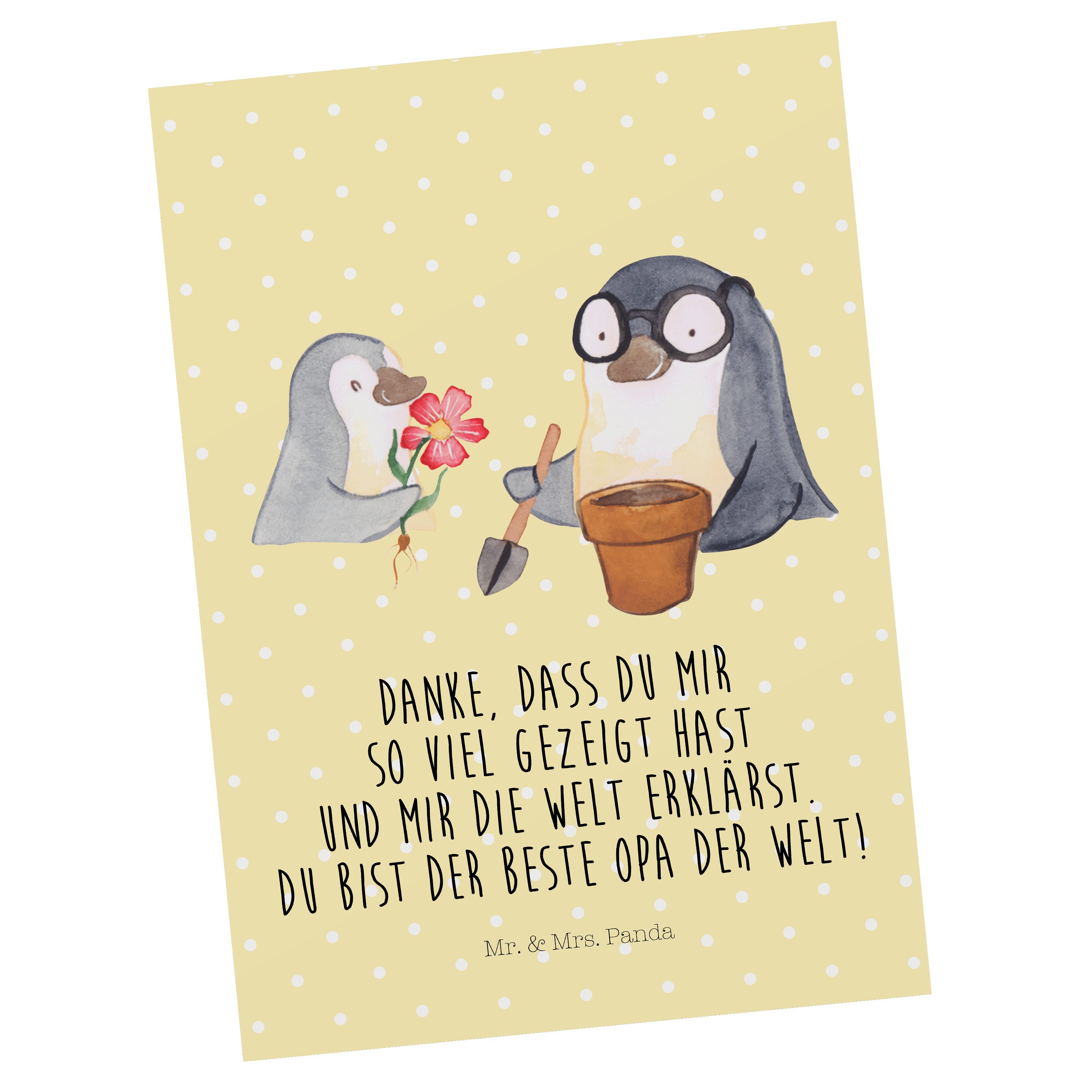 Mr. & Mrs. Panda Postkarte Pinguin Opa Blumen pflanzen - Gelb Pastell - Geschenk, Mama, Geschenk