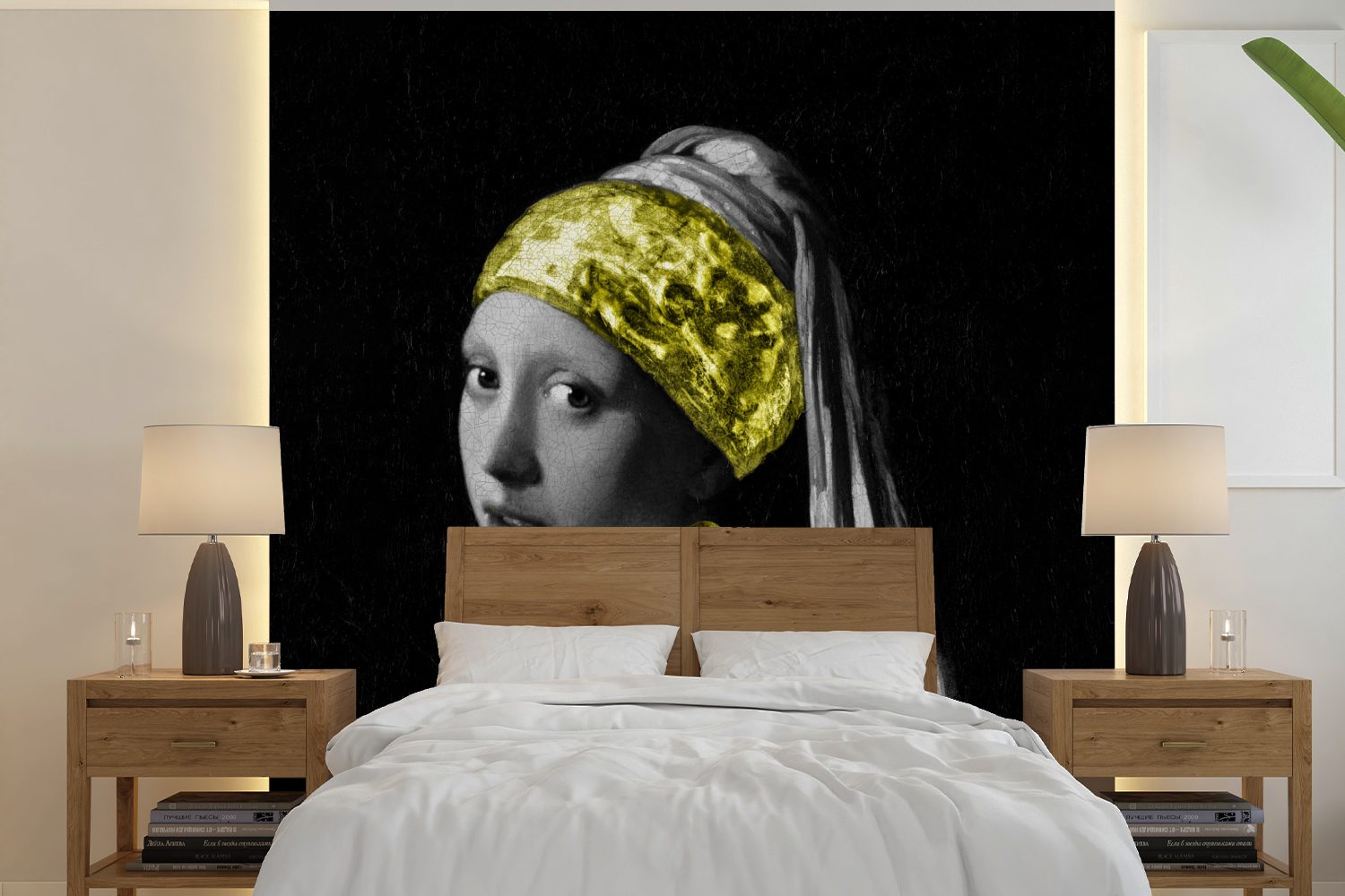 - Wohnzimmer oder Tapete (5 mit Mädchen - Gemälde Fototapete bedruckt, einem Vinyl Perlenohrring Schlafzimmer, Gold, MuchoWow St), Wandtapete Matt, für