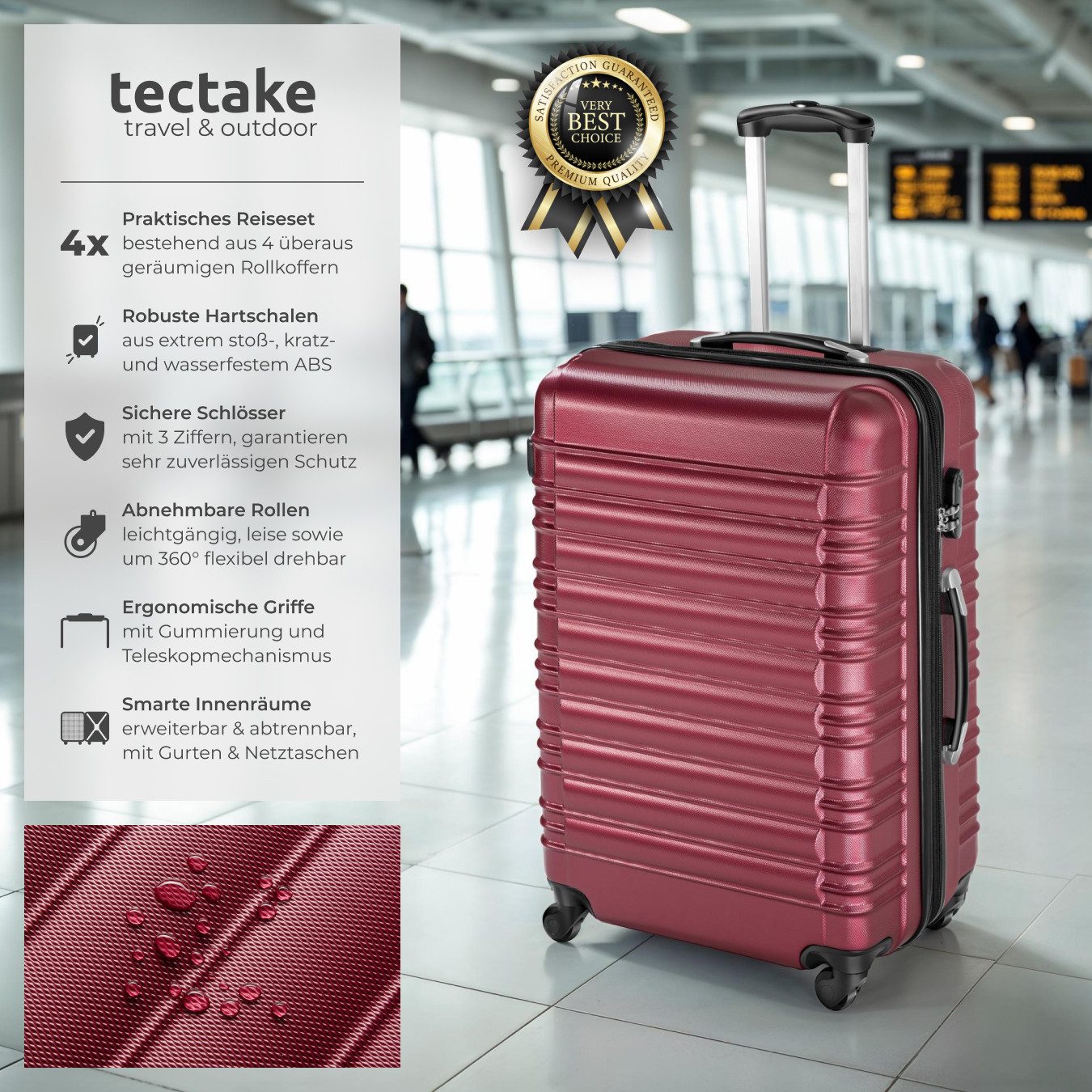 tectake Trolley Hartschalenkoffer-Set aus robustem ABS-Kunststoff mit Teleskopgriff, 4 Rollen, 360° drehbare, abnehmbare Rollen, mit Sicherheits-Zahlenschloss