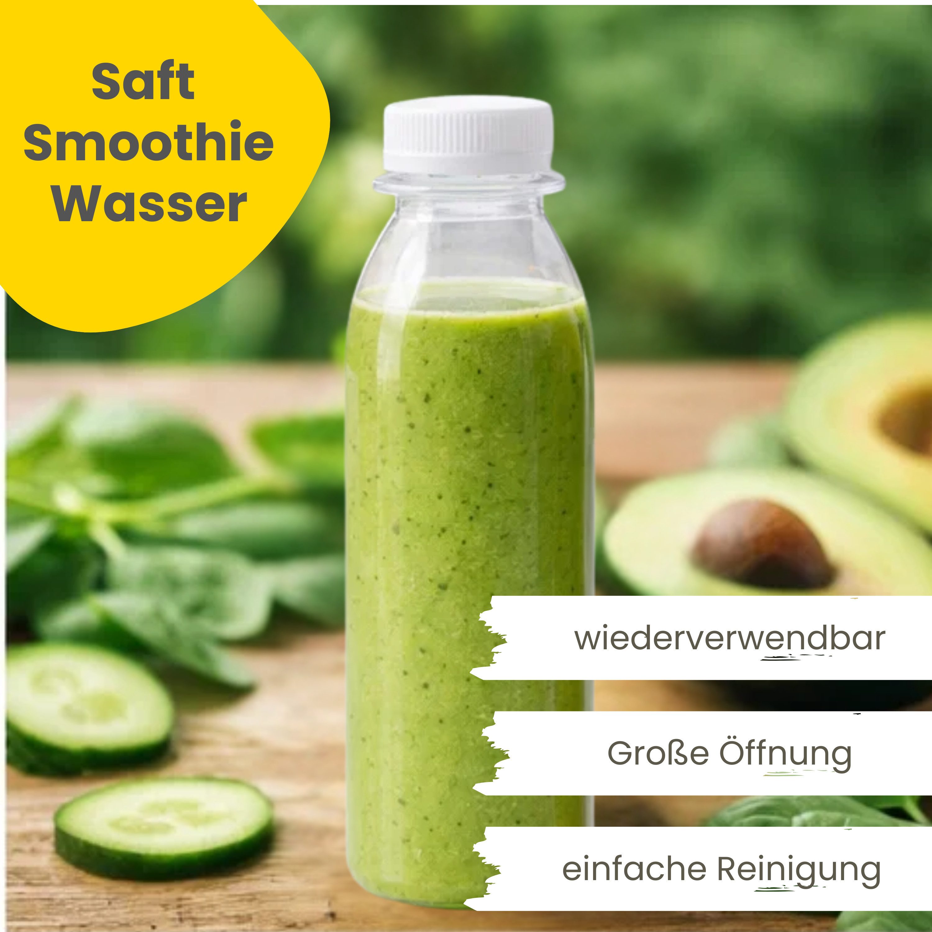 mikken Trinkflasche PET Getränkeflasche 250 ml Plastikflasche mit Deckel, perfekt für Smoothies, große Öffnung