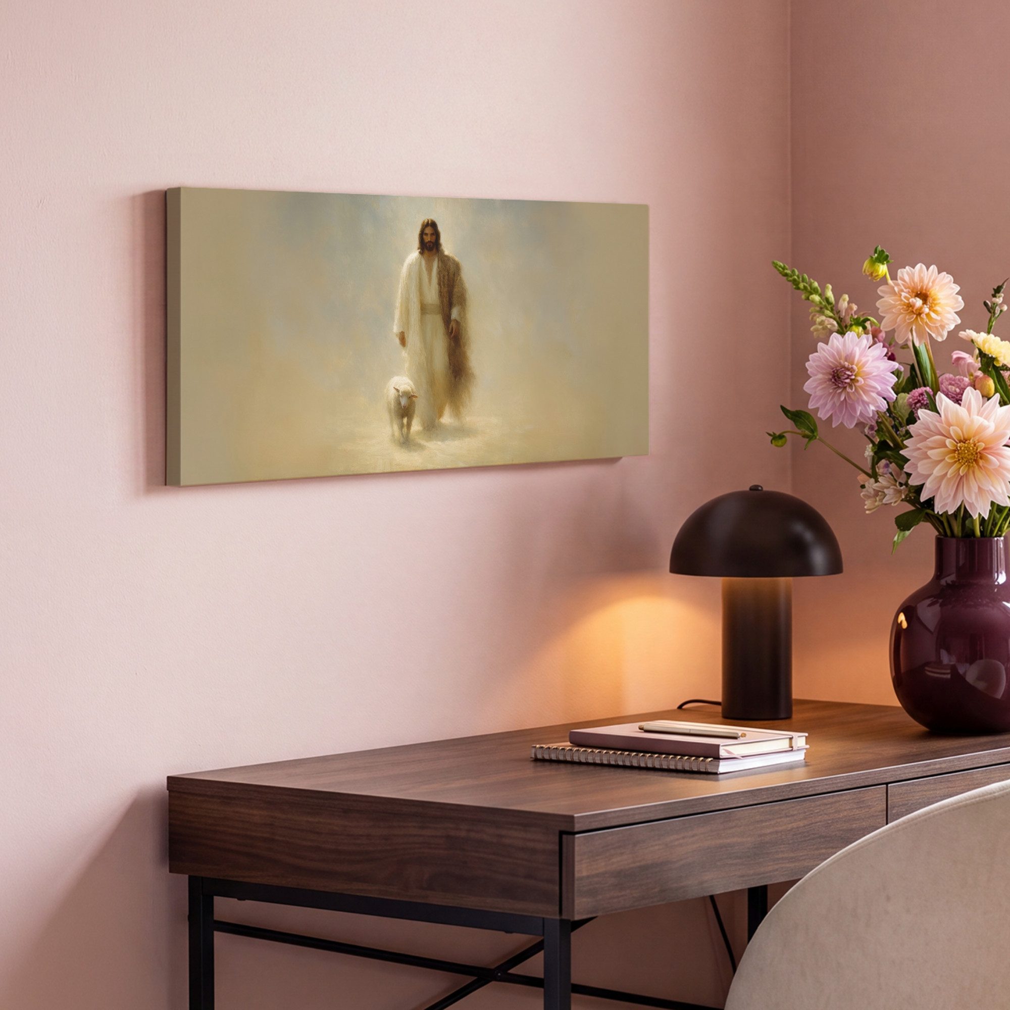OneMillionCanvasses® Leinwandbild Panorama Schaf - Jesus - Pinselstriche - Abstrakt, Fotodruck (1 St), Wandbild, Deko Schlafzimmer Wohnzimmer Flur 40x20 cm – Bild 4 von 5