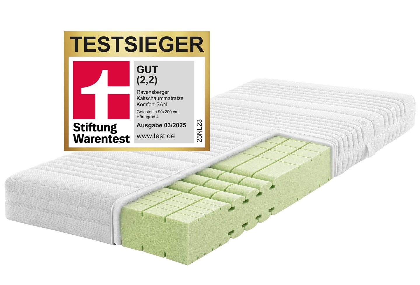 Kaltschaummatratze Komfort-SAN Testsieger Stiftung Warentest – ..., RAVENSBERGER Matratzen, 18 cm hoch, Härtegrad H 4 (RG 50) 90x200 cm mit Baumwoll-Doppeltuch-Bezug