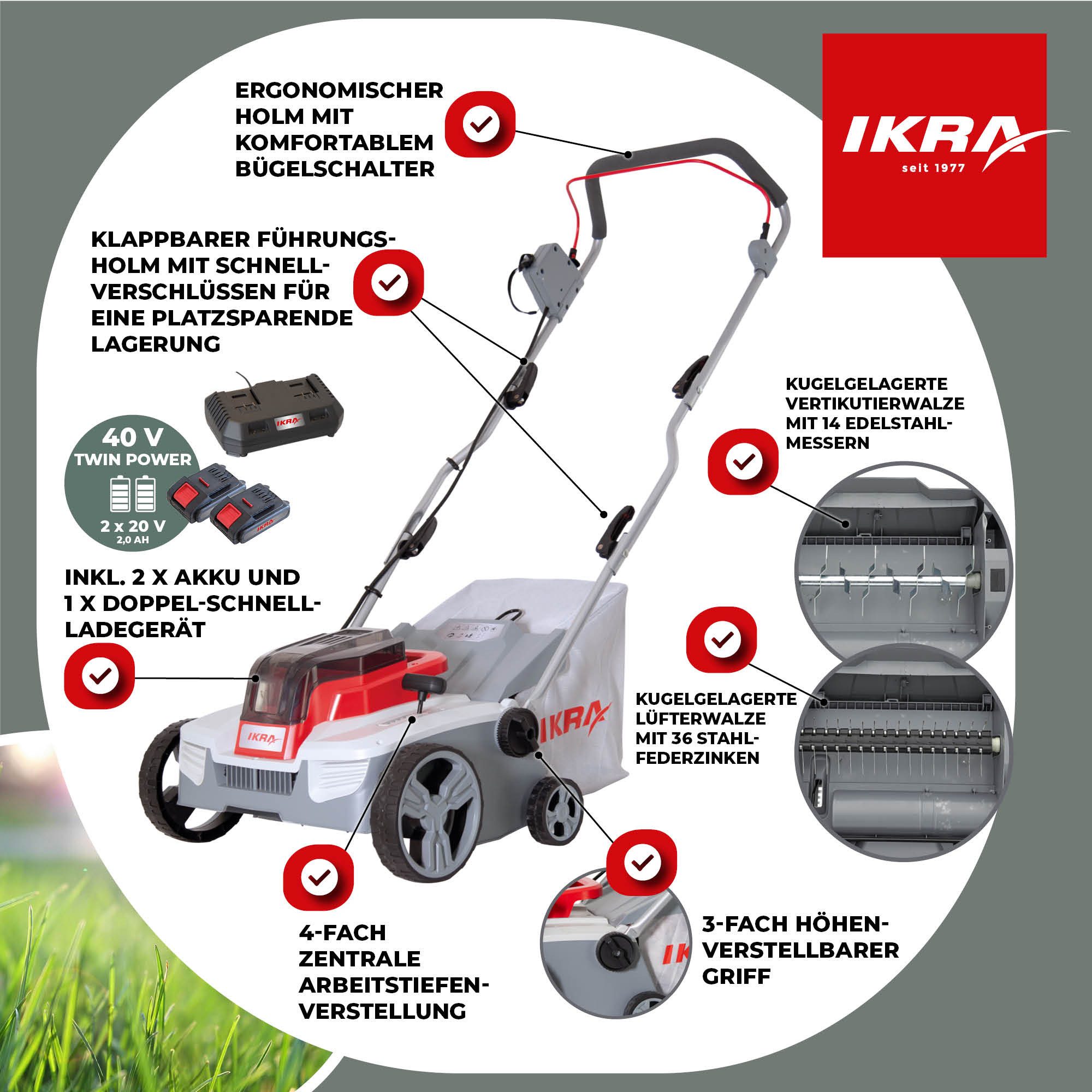 ikra GmbH Akku-Vertikutierer / Lüfter IAVL 2-2032, 32 cm Arbeitsbreite, 40 Volt / 3-in-1-Kombigerät: