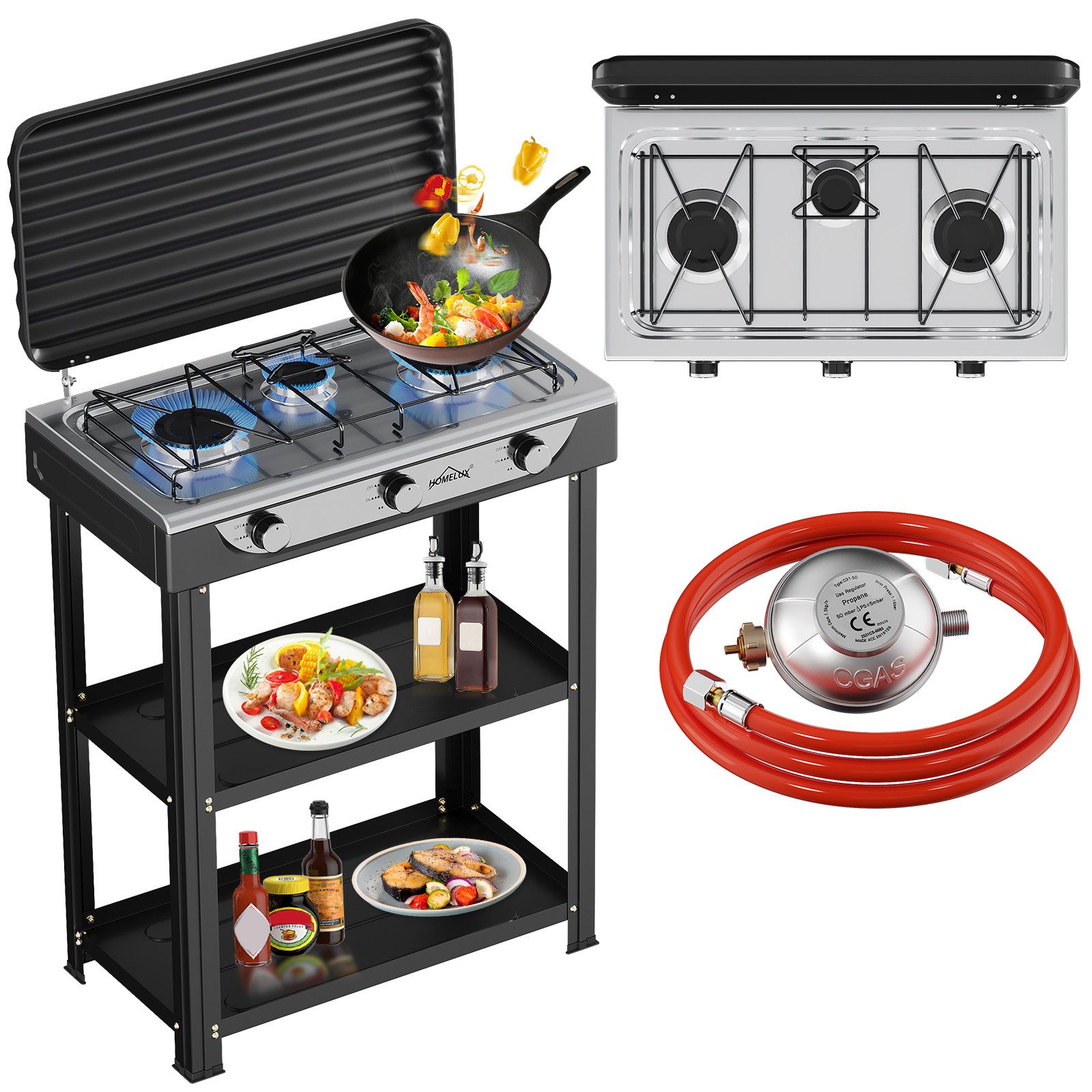 HOMELUX Gaskocher Campingkocher, 3/4/5 Flammig Gasherd Kochfeld, Campingkocher mit 1,5M Anschlussschlauch und Druckminderer 50 mbar