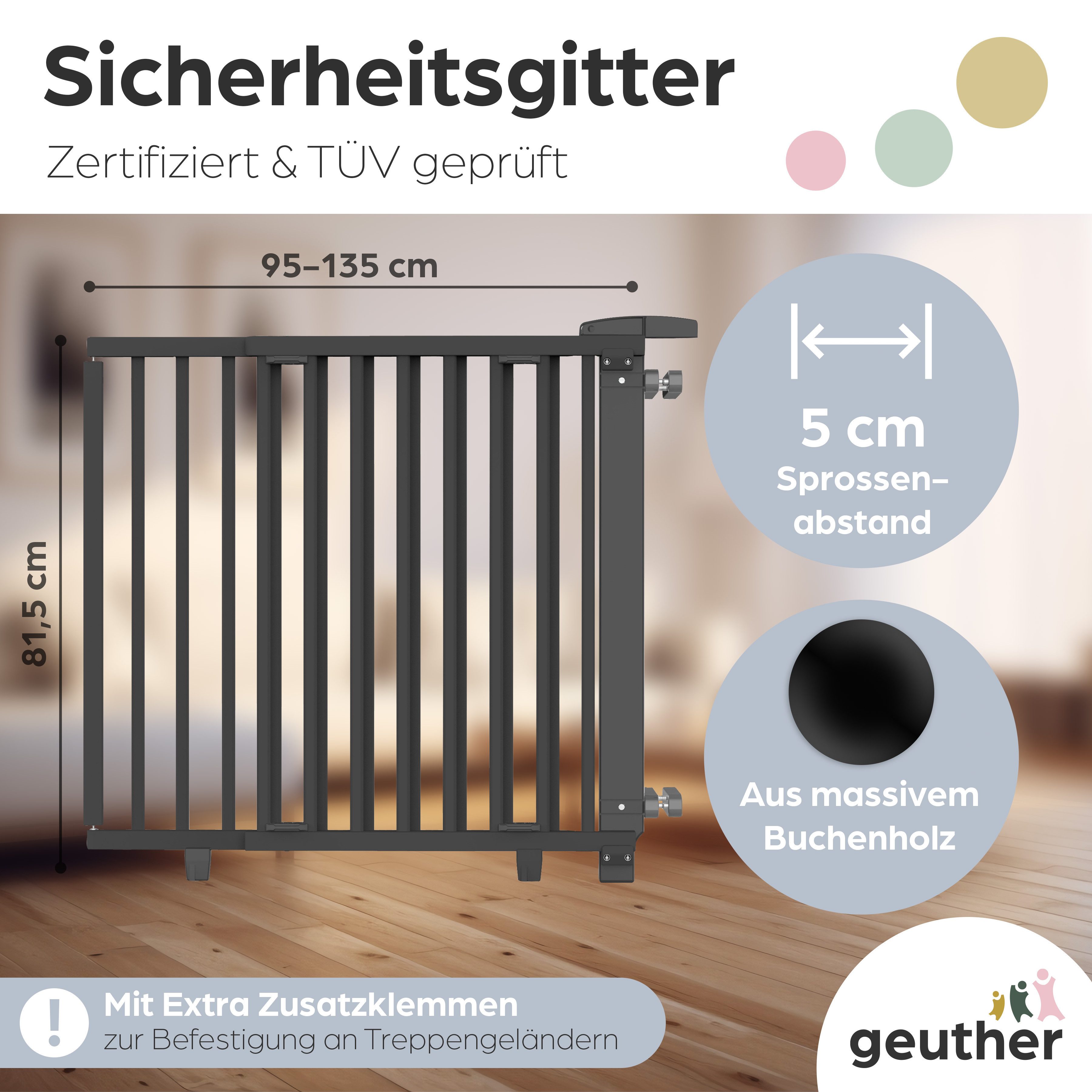 Geuther Treppenschutzgitter Oris zum Bohren 67-135 cm Schwarz, Für Erwachsene leicht zu öffnen