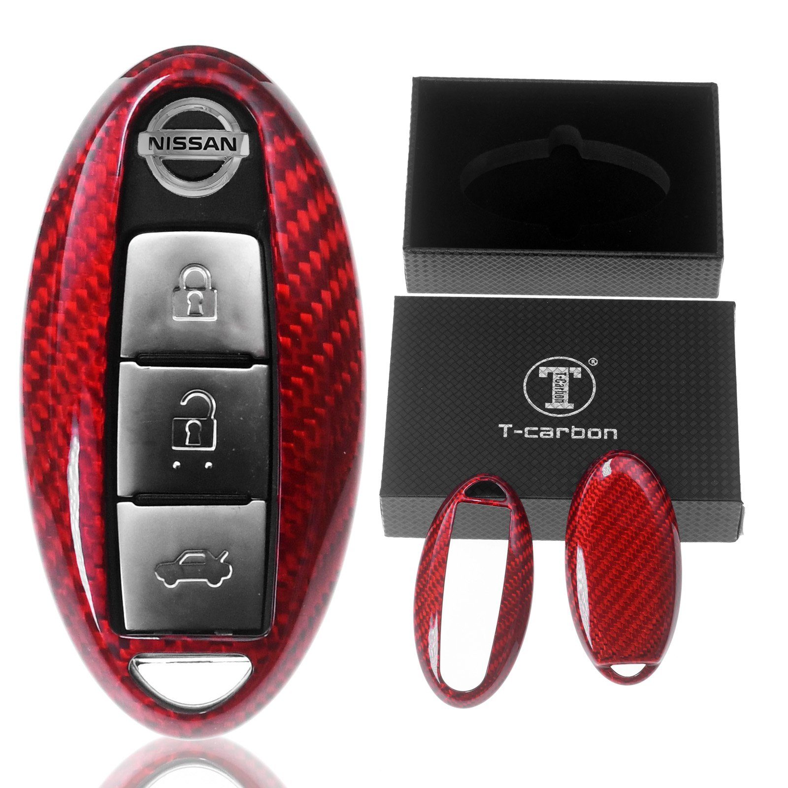 T-Carbon Schlüsseltasche Auto Schlüssel Carbon-Optik Schutz Hülle Rot, für Nissan Juke Micra Leaf X-Trail Qashqai Note KEYLESS SMARTKEY