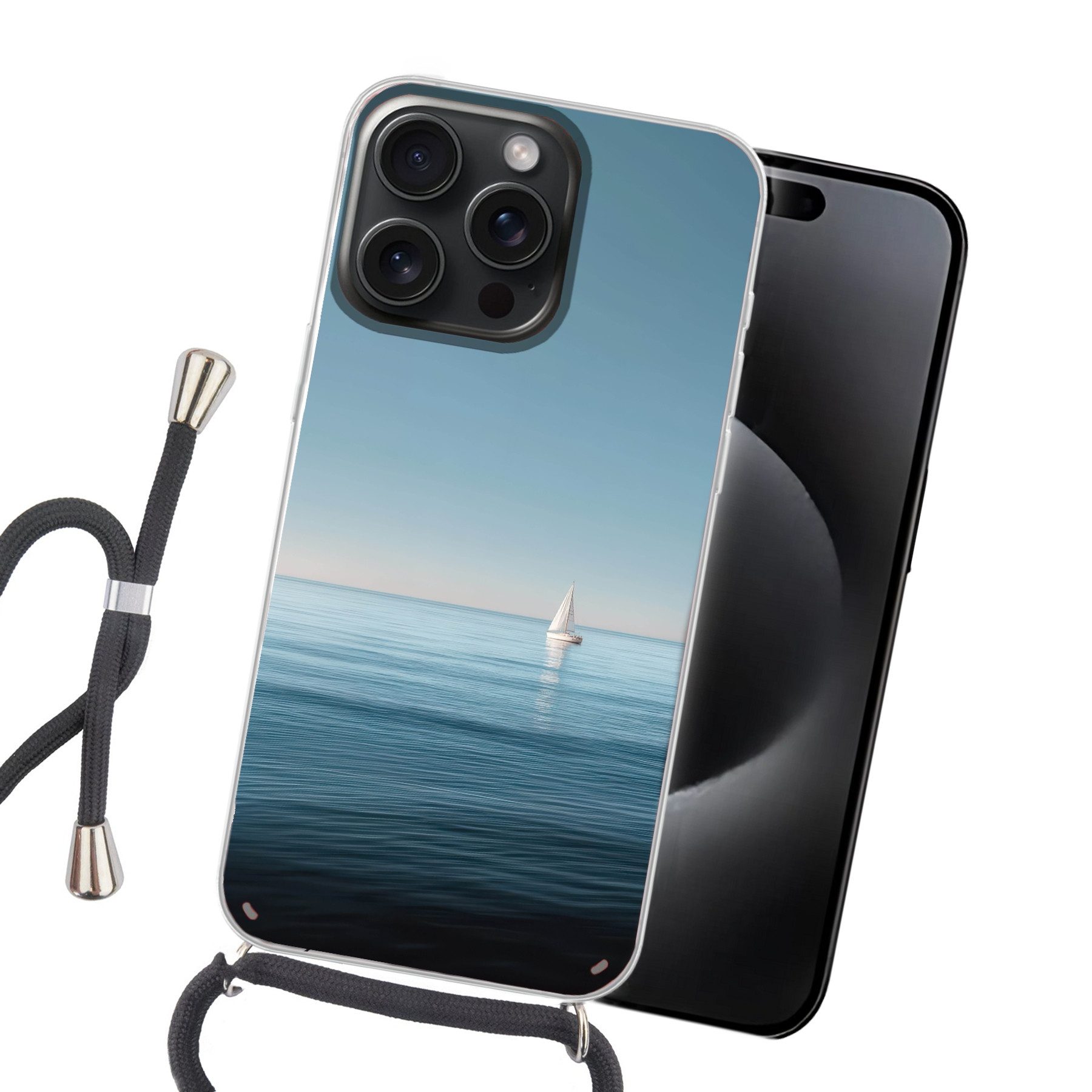 MuchoWow Handyhülle für Apple iPhone 15 Pro Segelboot - Ruhige See - Strahlend blauer Himm, Tragbare Handyhüllen mit Kette zum umhängen, Handykette Handyband
