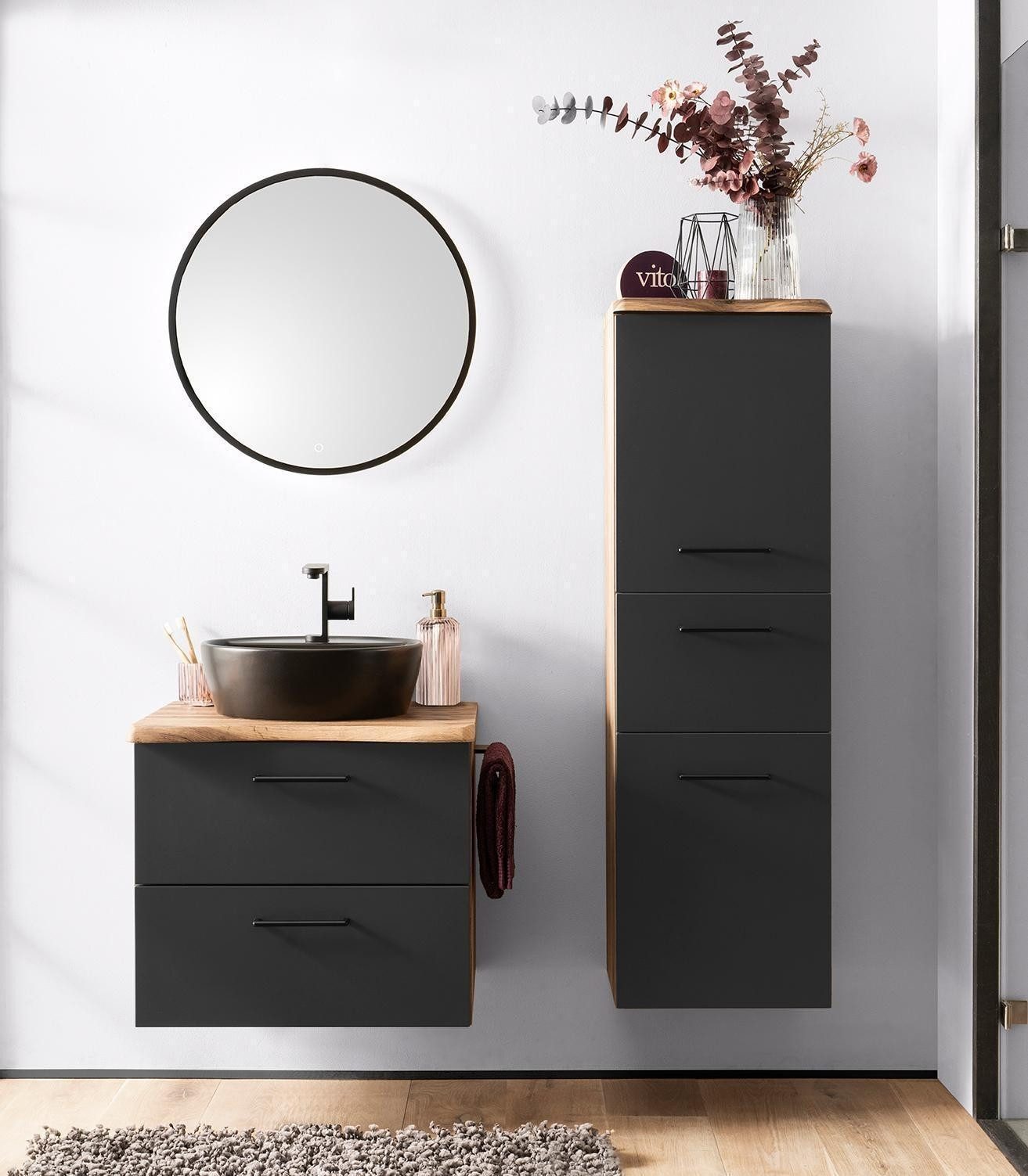 Vito Midischrank KEYTO, 2 Türen, 1 Schublade, Wotan Eiche Dekor, Schwarz matt, B 40 x H 130 x T 35 cm