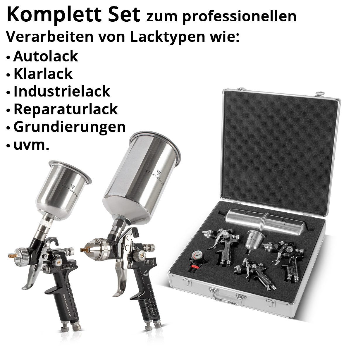STAHLWERK Druckluftwerkzeug HVLP Lackierpistolen Set SGS-1125 ST, (Paket, 13-tlg., Set), Profi Spritzpistole