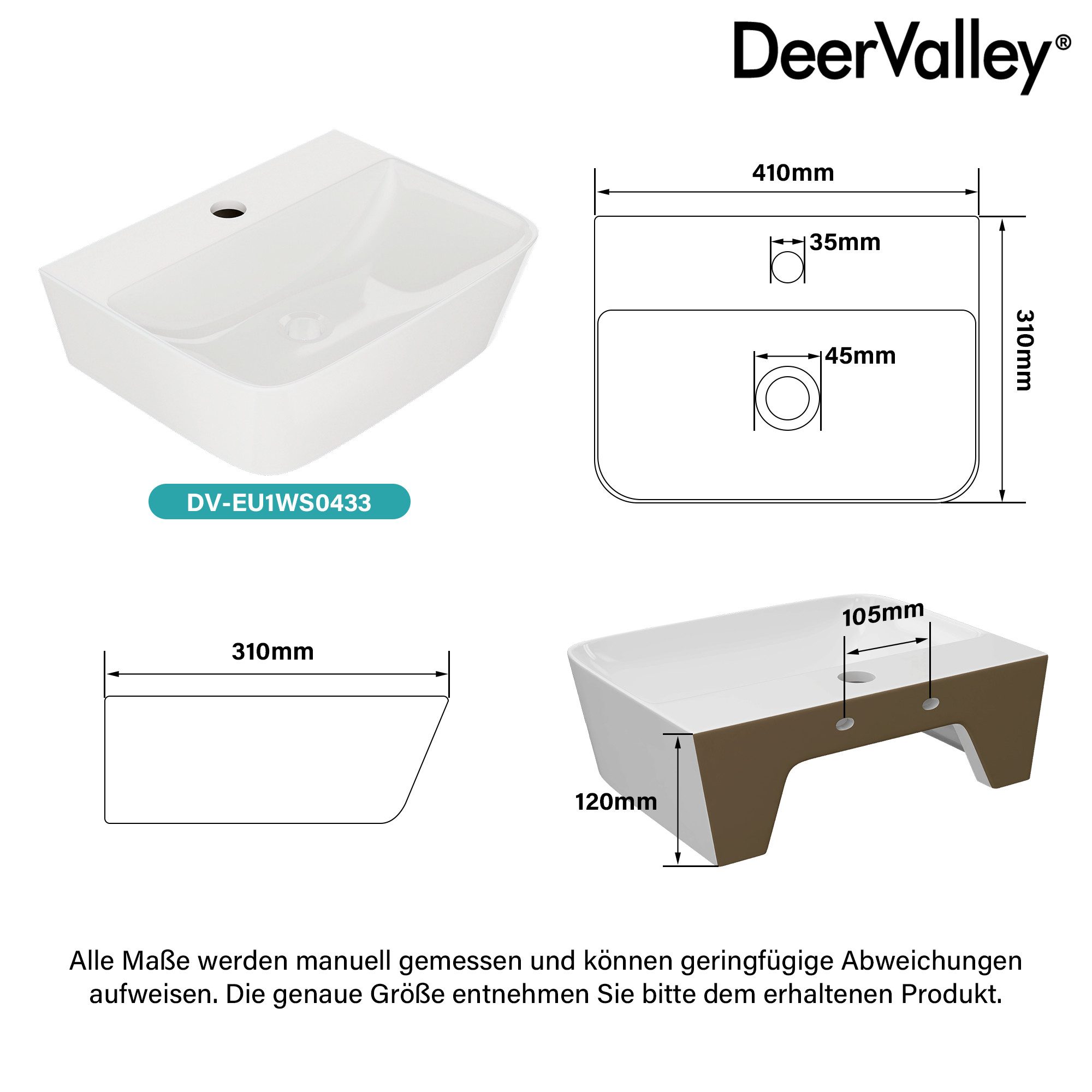 DeerValley Waschbecken DeerValley Wand-/Aufsatz-Waschbecken, Mit Ablagefläche, Ohne Überlauf, Platzsparend, Leicht zu reinigen