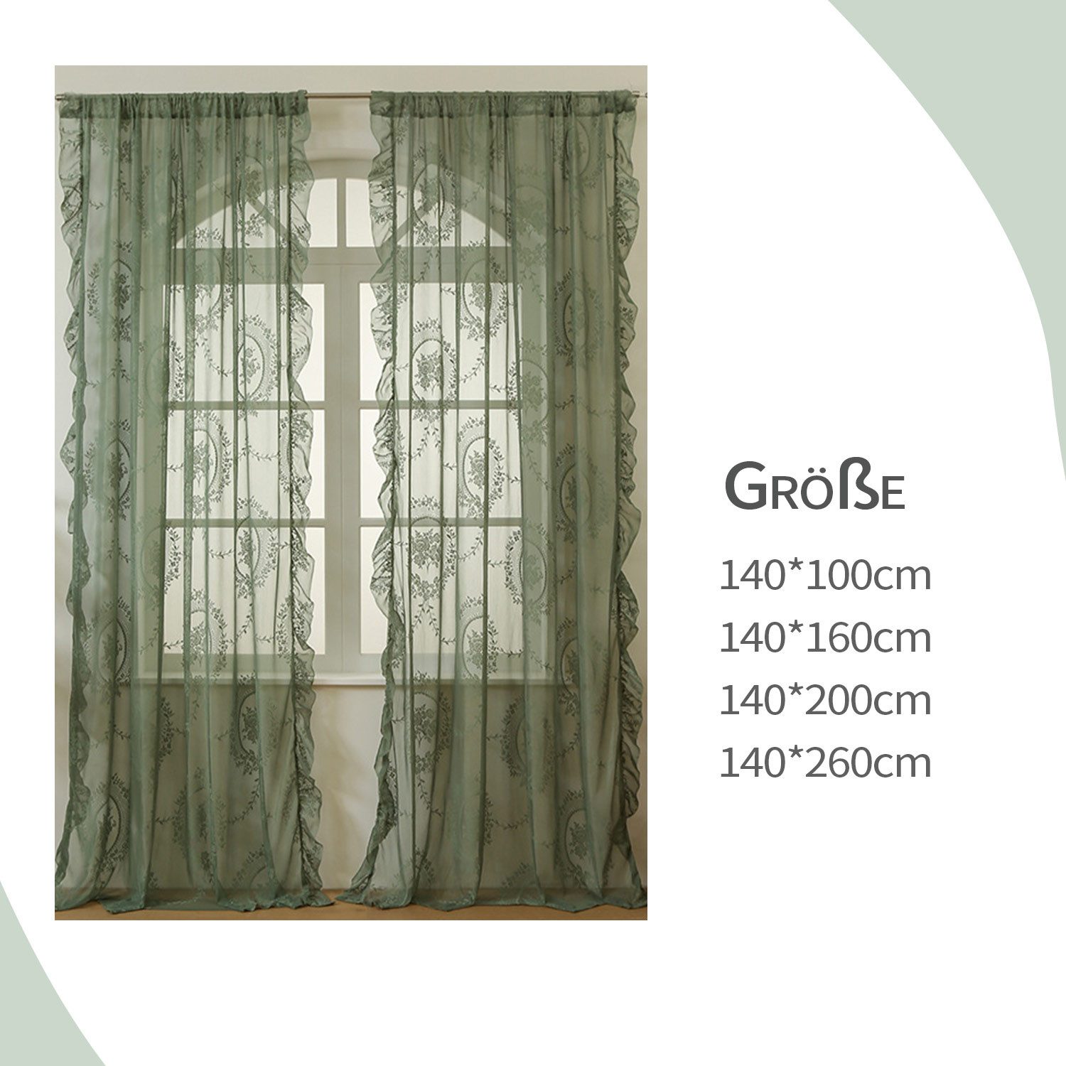 Refttenw Gardine Olivgrüne Spitzenvorhänge, Vintage Blumenstickerei Vorhang günstig online kaufen