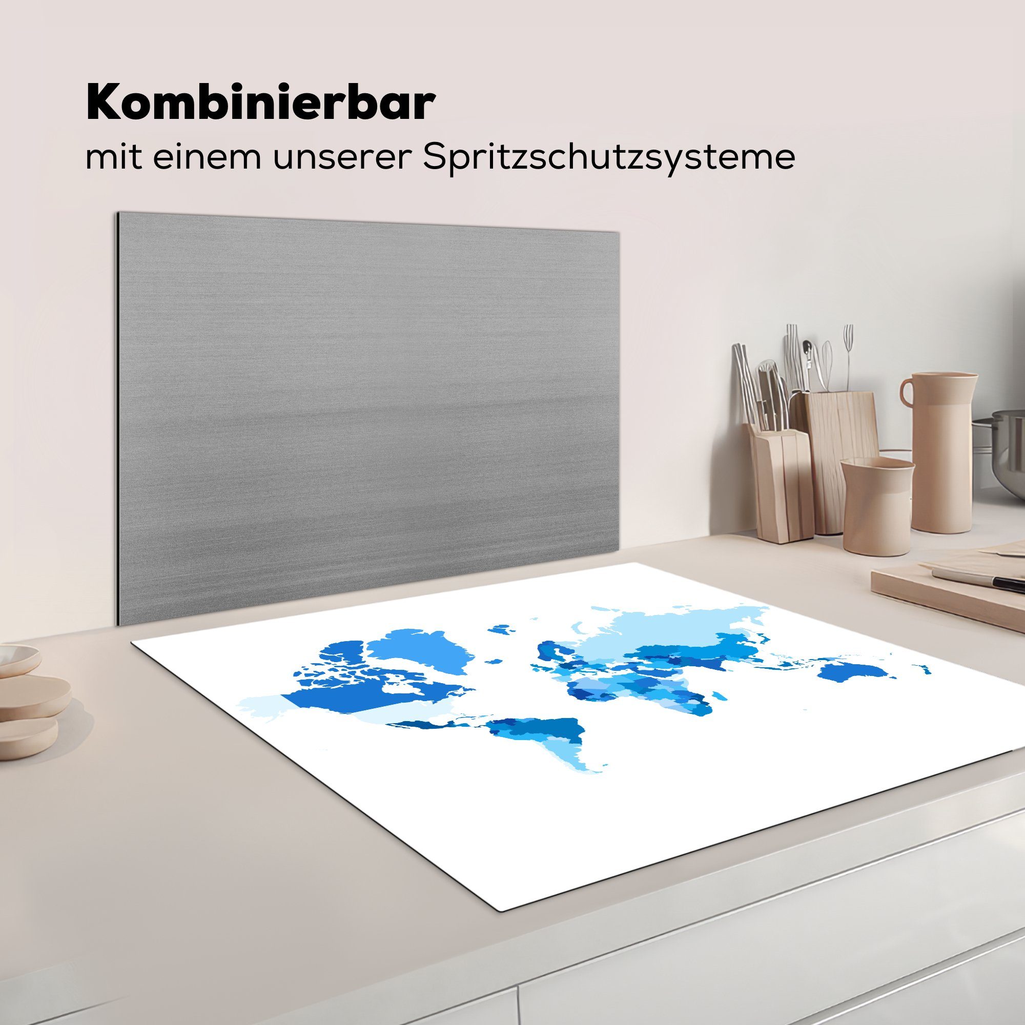 Weiß, küche Weltkarte Herdblende-/Abdeckplatte für (1 - Arbeitsplatte MuchoWow Ceranfeldabdeckung, 78x78 Vinyl, cm, - Blau tlg),