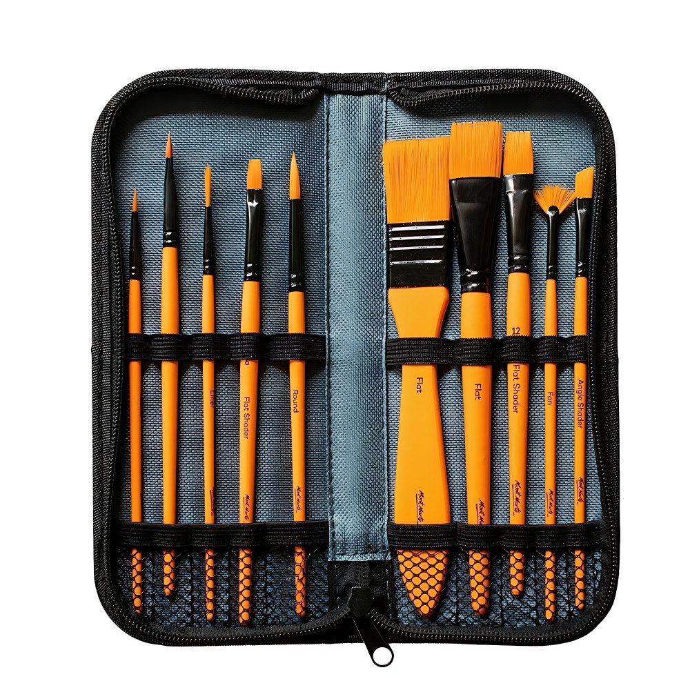 Mont Marte Pinsel 10 teilig – Künstler Taklon-Pinsel für Acryl, Öl & Aquarell u. v. m., (Set, 10 St., MONT MARTE - Malutensilien), mit praktischem Reißverschluss-Etui – ideal für Atelier & Reisen