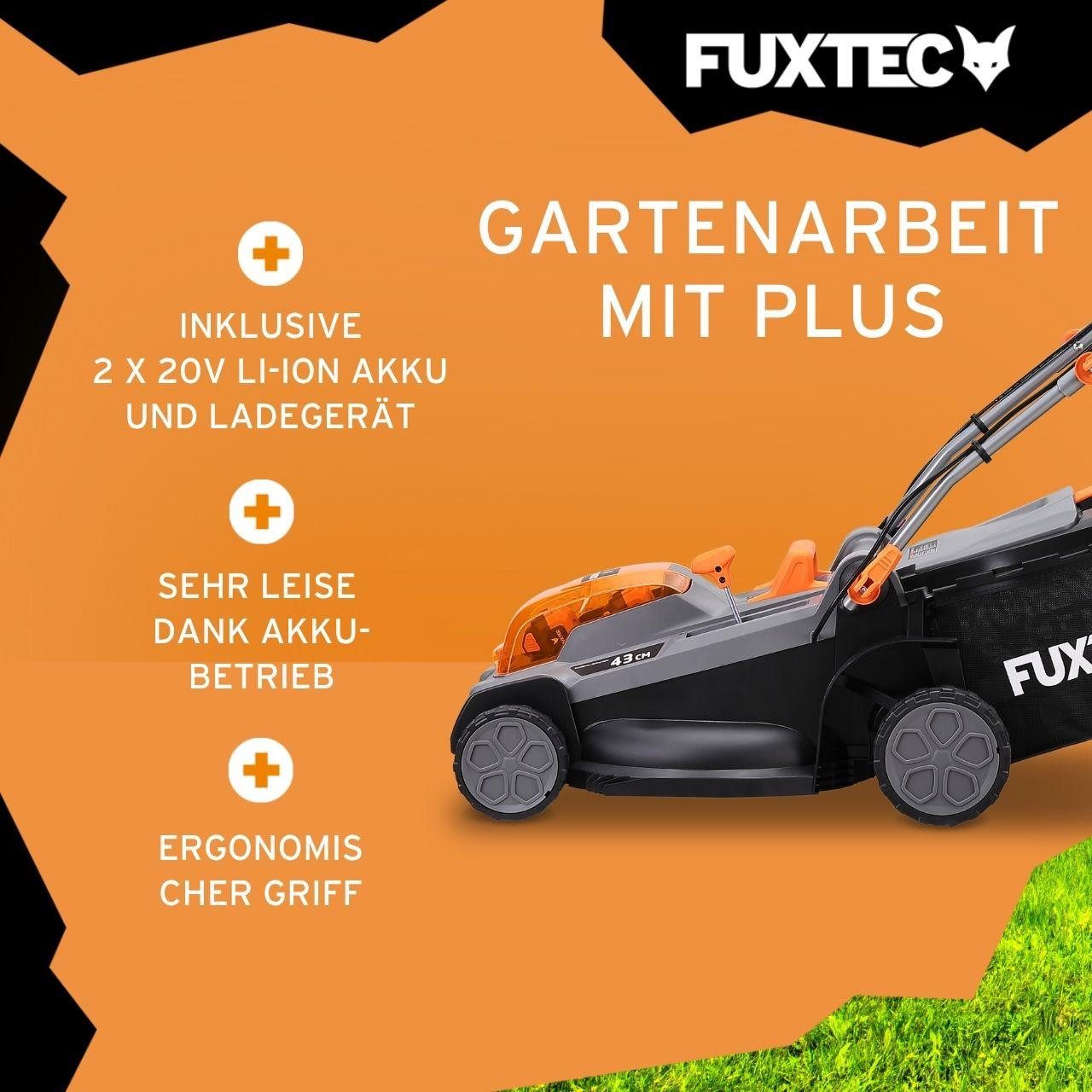 FUXTEC Akkurasenmäher FX-E2RM43PROSET, 43 cm Schnittbreite, 40V, variable Geschwindigkeit, Radantrieb, Mulchfunktion