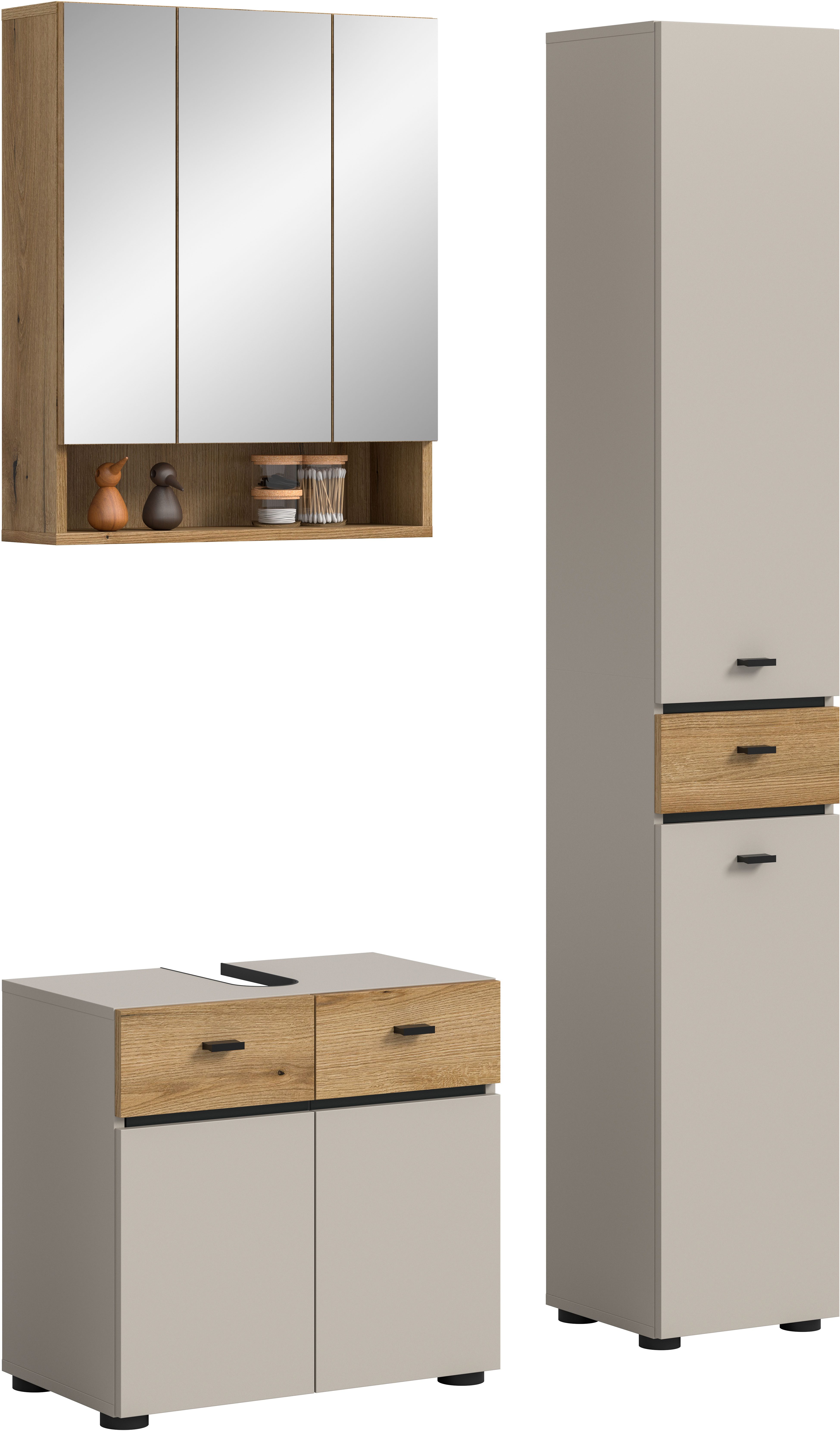 welltime Badmöbel-Set VANN, 3-teilige moderne Badkombination, individuell stellbar, (3-St., 1x Waschbeckenunterschrank, 1x Spiegelschrank, 1x Hochschrank), Bad-Kombination, Bad-Möbel, Badezimmer, Kombination, Kombi, Bad-Set