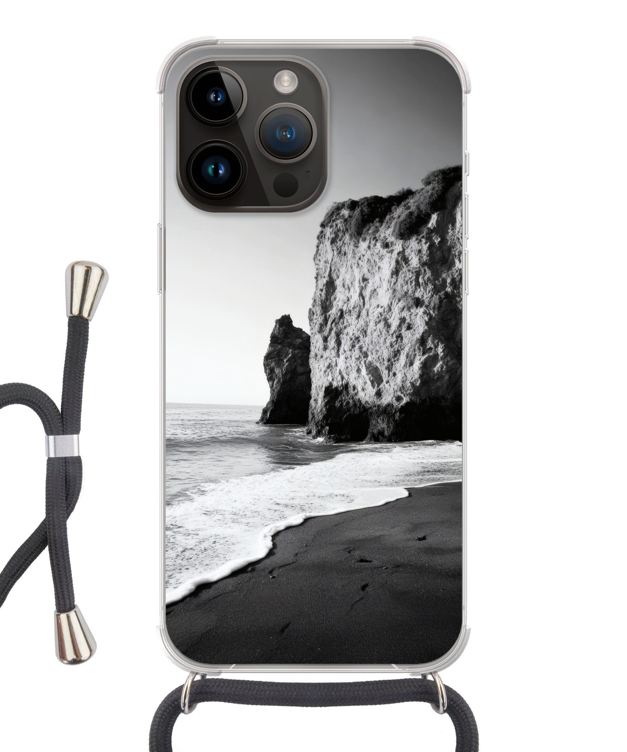 MuchoWow Handyhülle für Apple iPhone 14 Pro Strand - Klippe - Wellen - Fußstapfen, Tragbare Handyhüllen mit Kette zum umhängen, Handykette Handyband