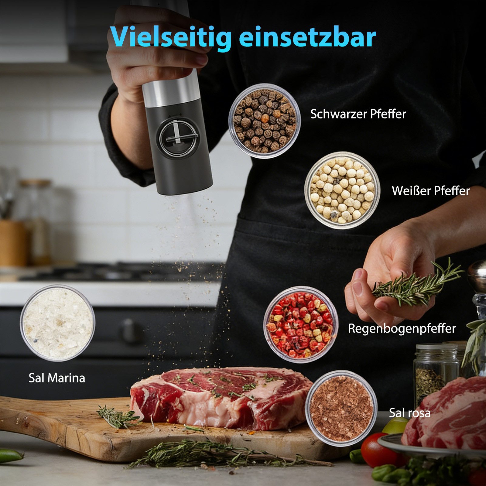 AKKEE Salz-/Pfeffermühle Elektrisch Salzmühle 2er Set mit USB Aufladbar, Doppelladestation Netzkabel, USB