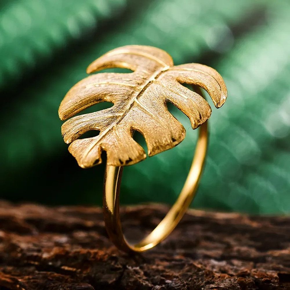 Runde Perlé Silberring Monstera Blatt verstellbarer Ring, handgefertigter Ring, 925er Silber, 18K Gold