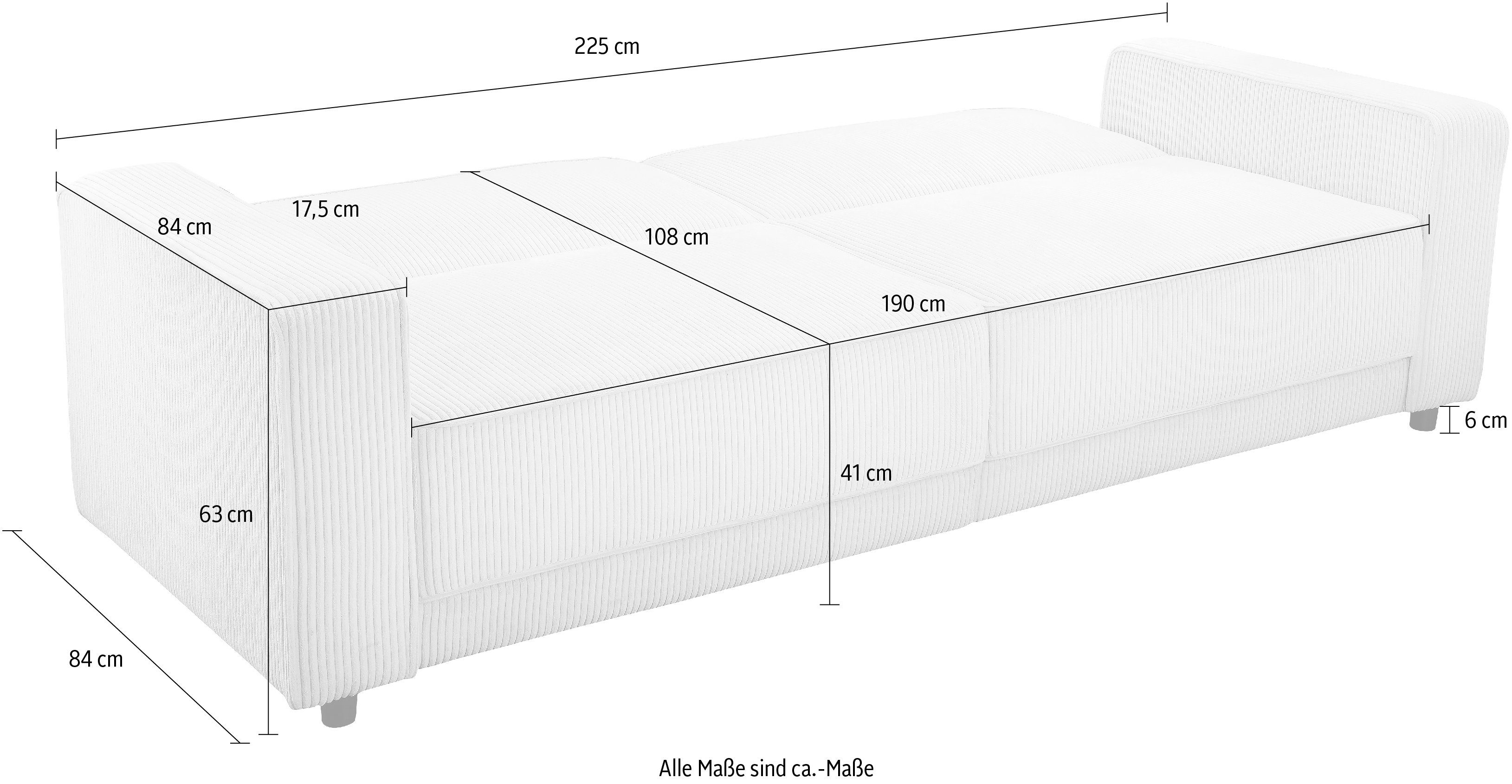 Dorel Home Bett-Funktion 225 trendiger Schlafsofa pflegeleichter o. (108/190cm), Velours 3-Sitzer Allie Cord cm