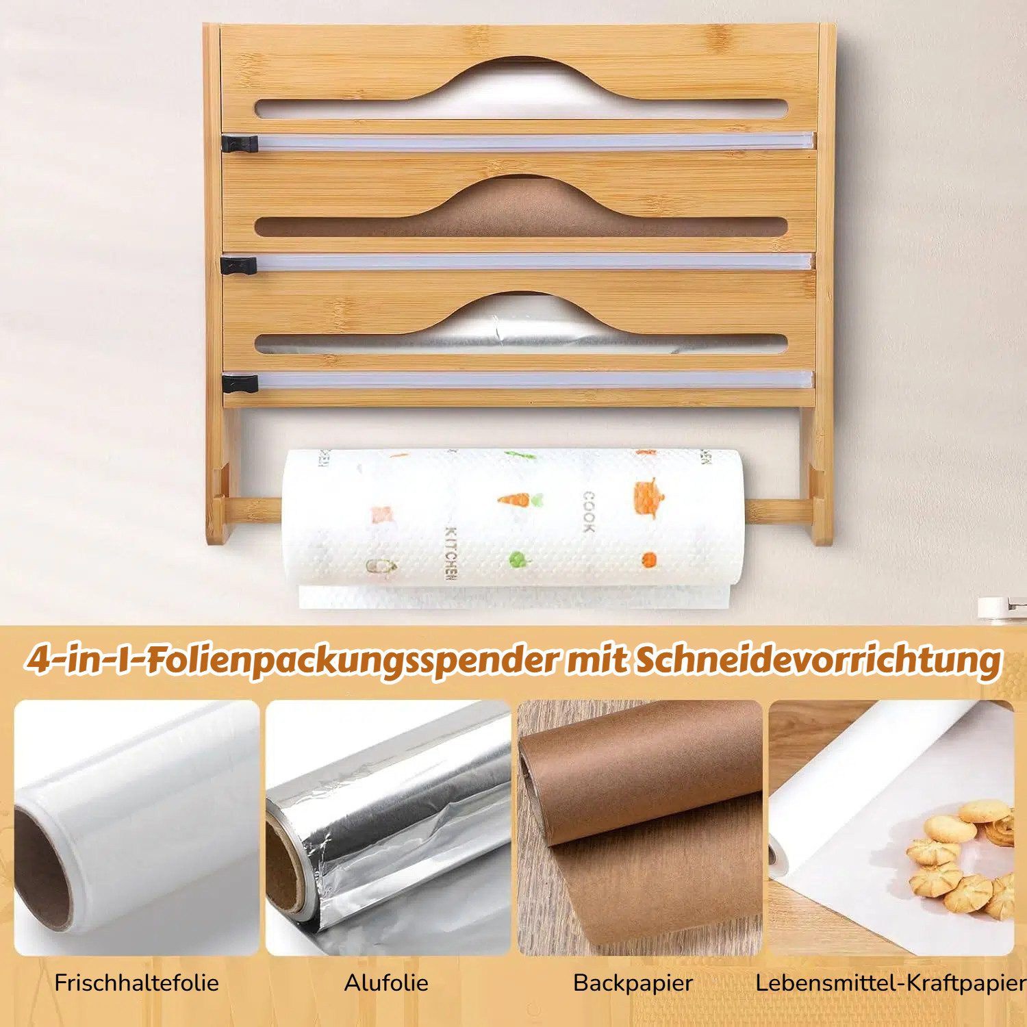 BlingBin Folienspender Frischhaltefolienspender mit Küchenrollenhalte, Wandrollenhalter, (1er Set, 1-St., Größe: 35.5*7*30cm), Wandmontierter Organizer für Aluminiumfolie Plastikfolie & Wachspapier